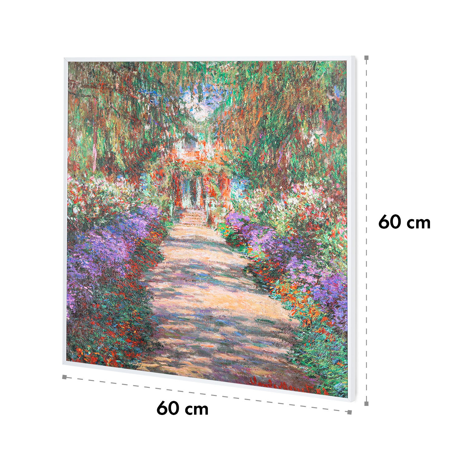 Dipinto di un sentiero di giardino con fiori e alberi. Dimensioni: 60x60cm.