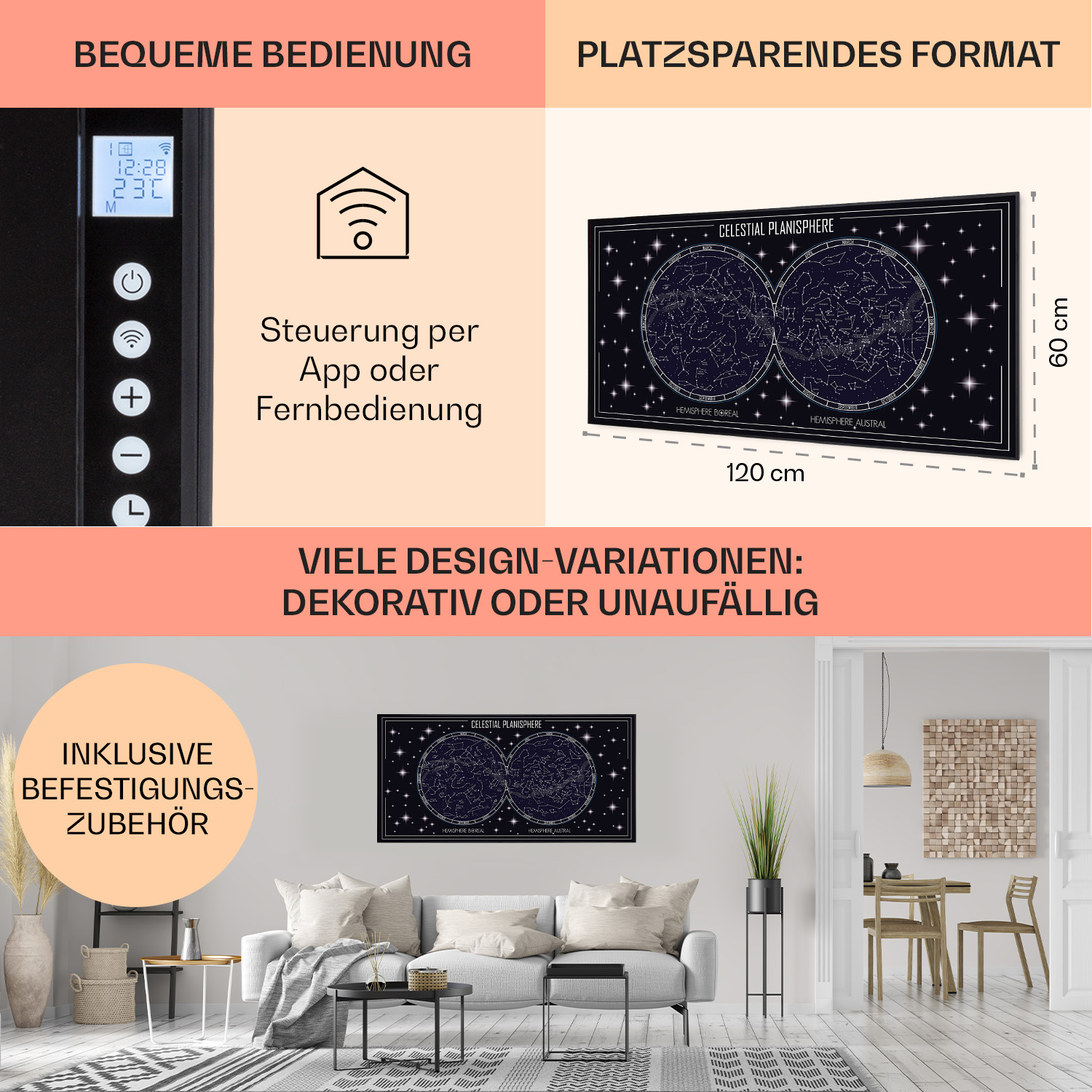 Wohnzimmer-Szene mit Sofa, zwei Himmelsplanisphären, Heizung mit Bildschirm und Pflanze.