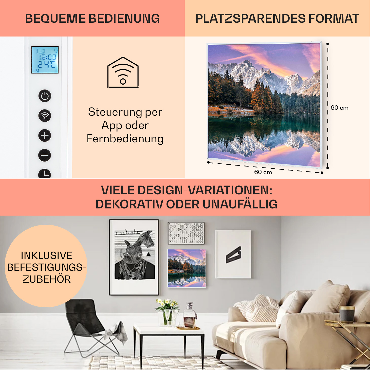 Wohnzimmer mit Bergkunst, Sofa und Smart-Bedienelementen.