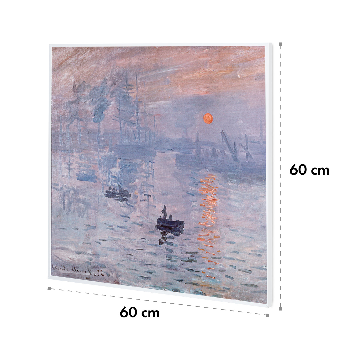 Ein Gemälde eines Sonnenuntergangs über dem Wasser, mit Booten und Gebäuden im Hintergrund.