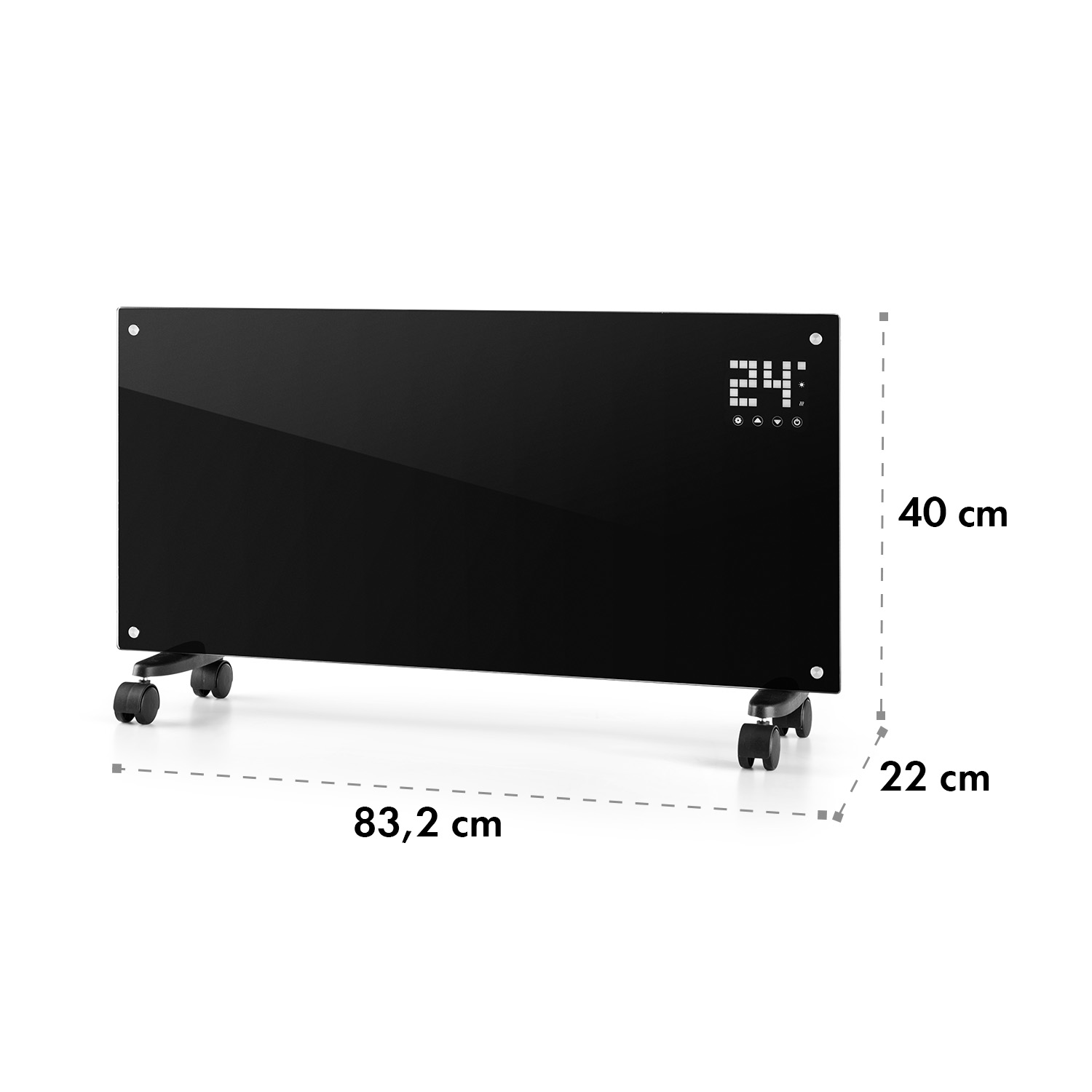 Calentador negro rectangular con ruedas, pantalla digital y dimensiones.