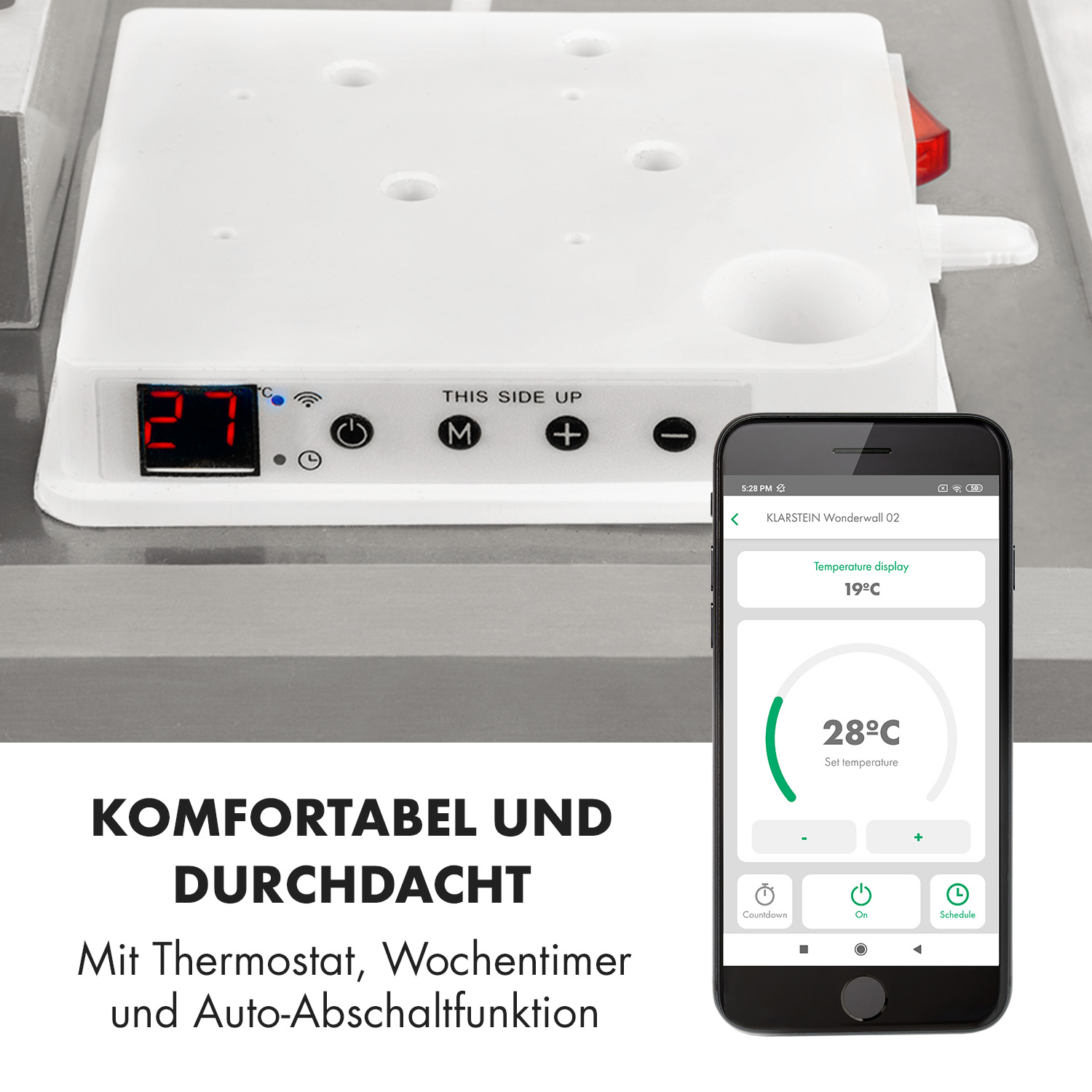 Calentador blanco con pantalla de configuración, junto a un teléfono inteligente que muestra la configuración de temperatura.