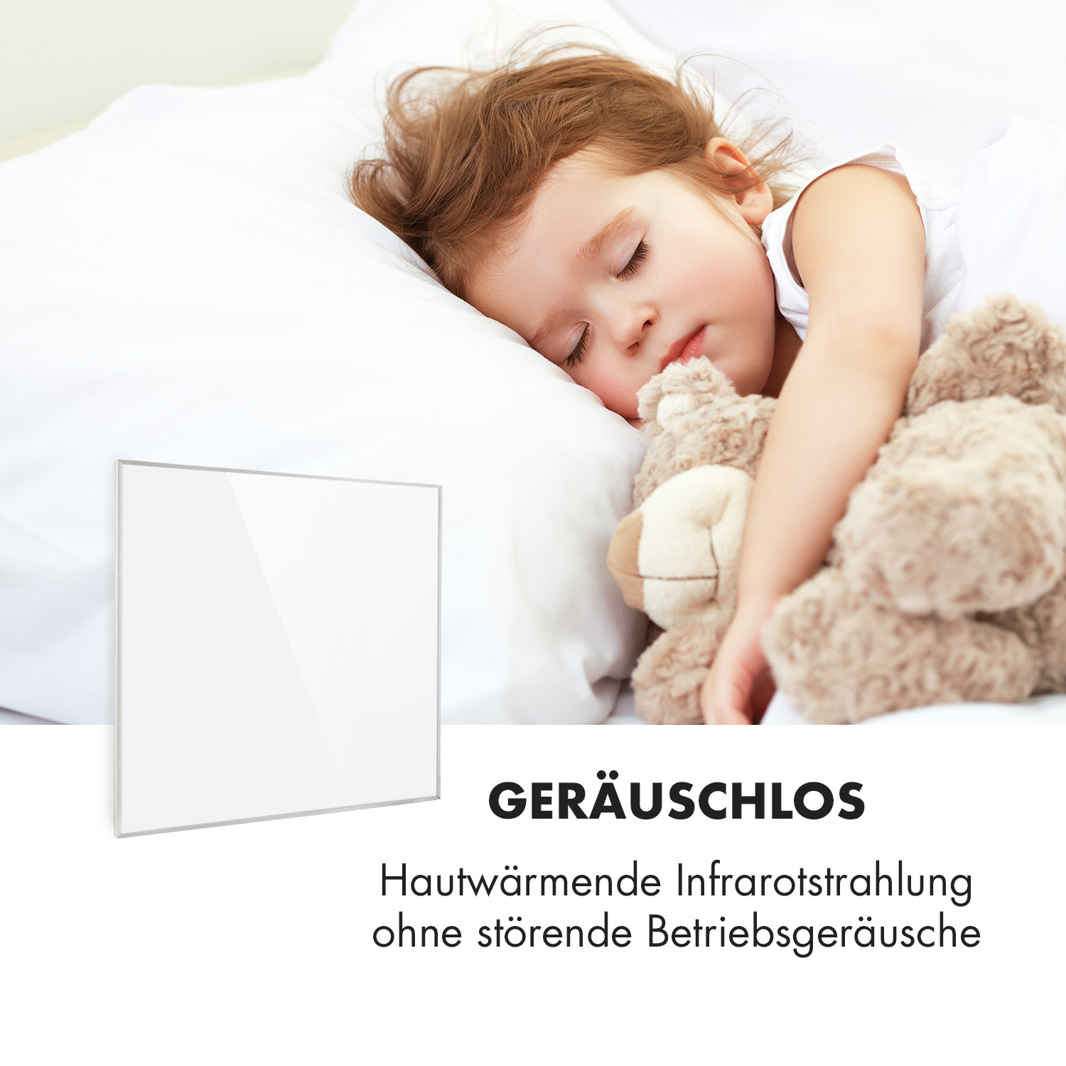 Niño durmiendo en almohada blanca con oso de peluche. Texto: Silencioso. Infrarrojos que calientan la piel sin ruido molesto.