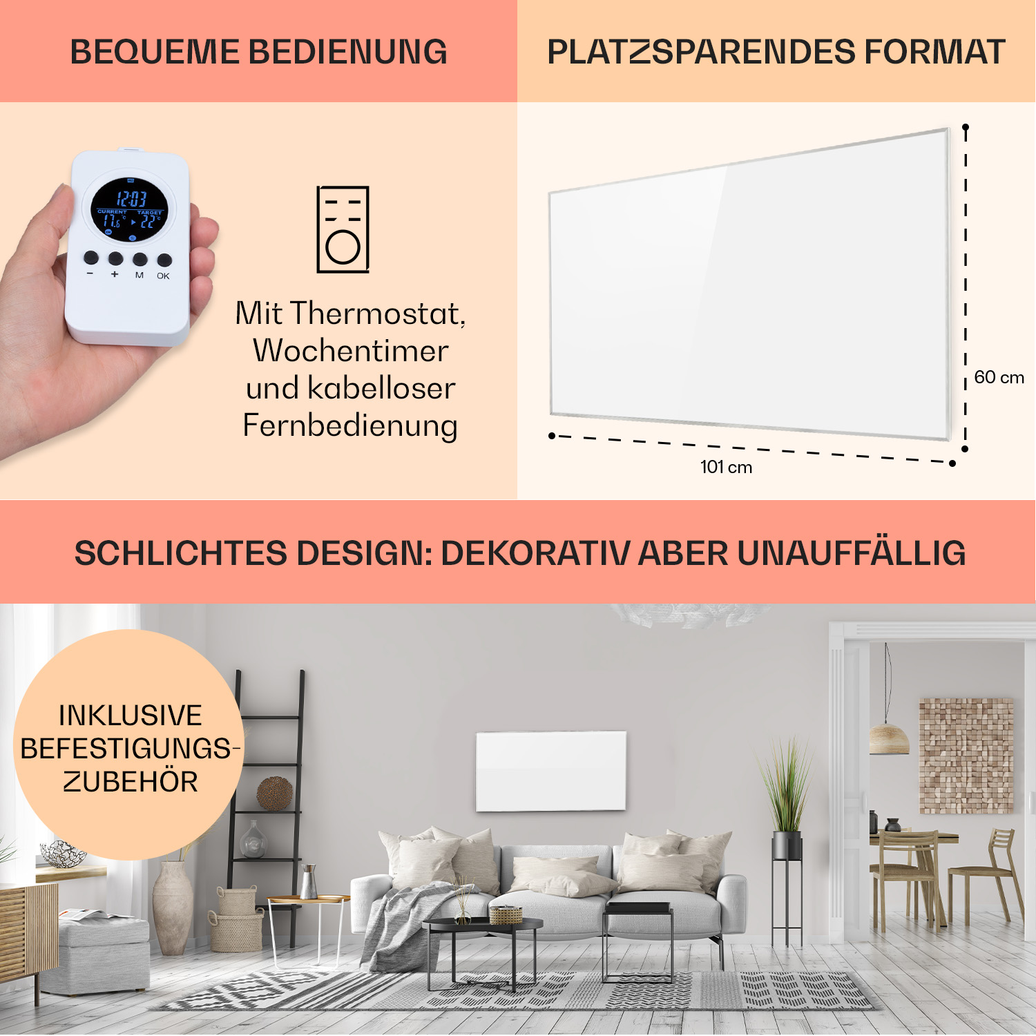 Ein Raum mit einer weißen Tafel, einem Bedienfeld und einer Couch. Ein Fernseher an der Wand.