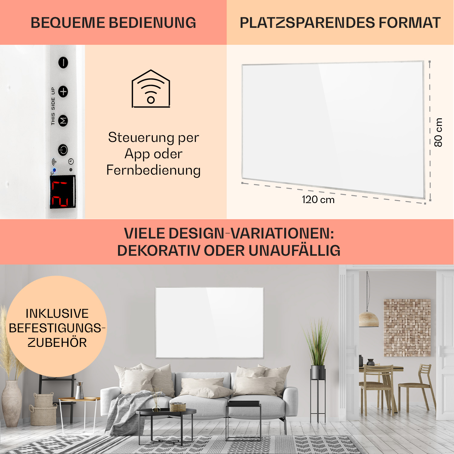 Weißer Glasheizer mit Text über Funktionen und Design. Steuerung per App oder Fernbedienung. Dekorativ oder unauffällig.