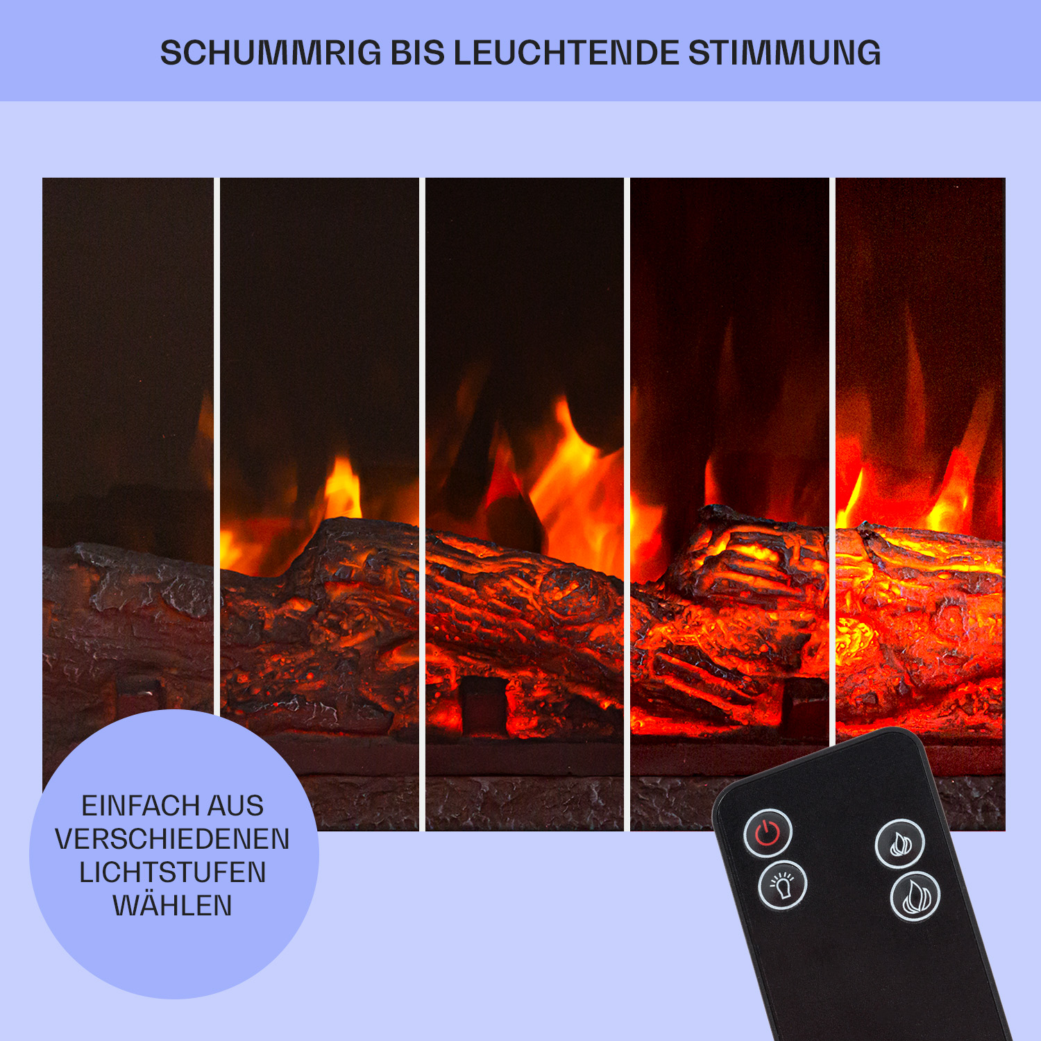 Elektrischer Kamin mit einstellbaren Flammeneffekten, gesteuert über eine Fernbedienung.