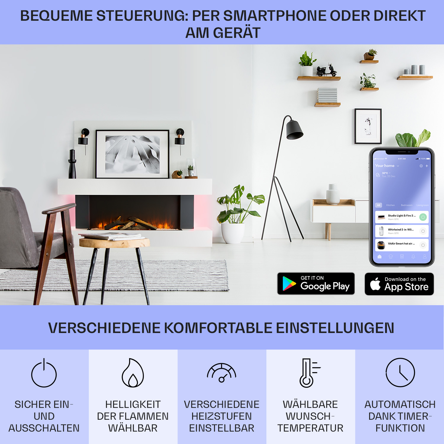 Una sala de estar moderna con chimenea, un teléfono inteligente mostrando una aplicación e íconos.