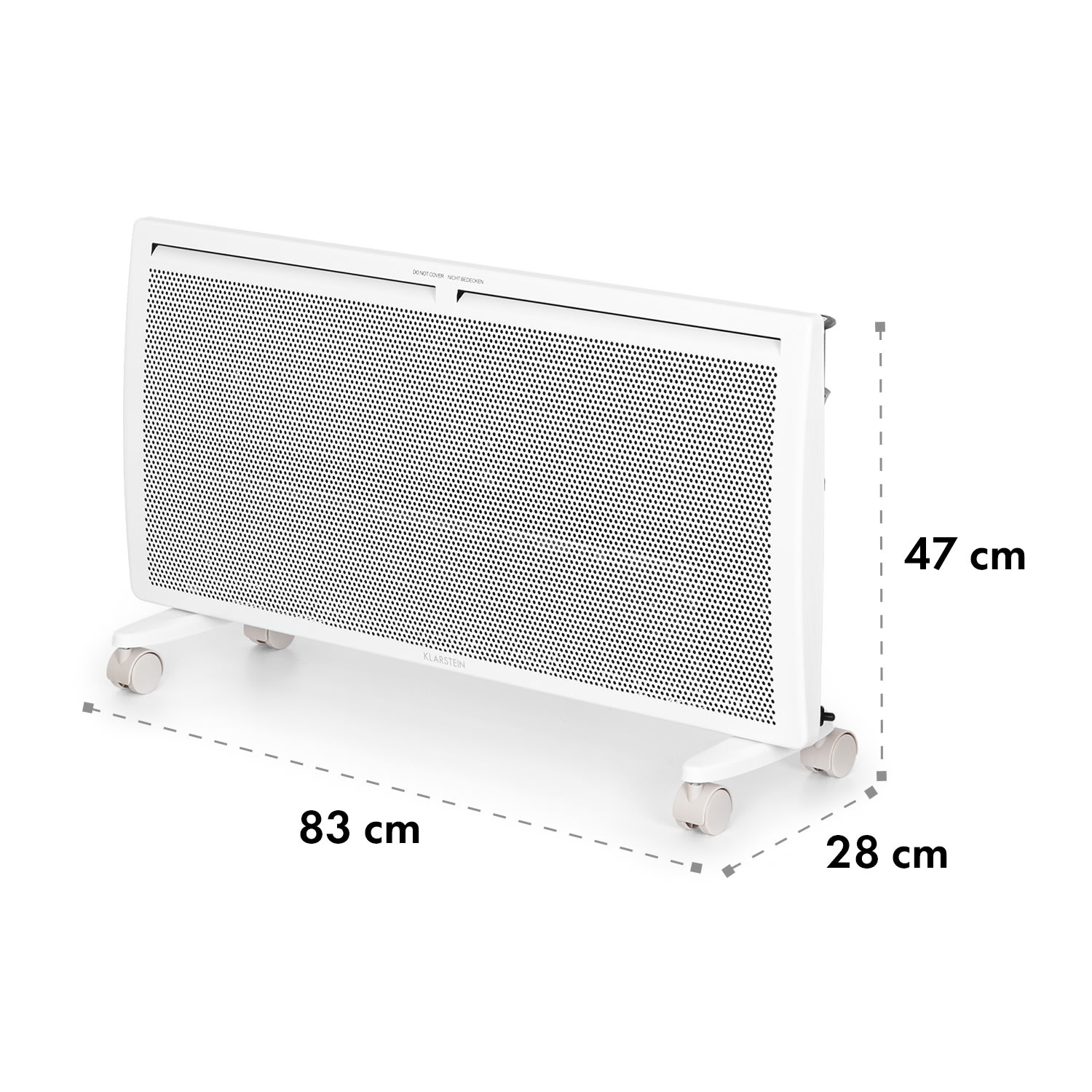 Weißer Heizlüfter auf Rädern, Maße: 83 cm lang, 47 cm hoch, 28 cm breit.