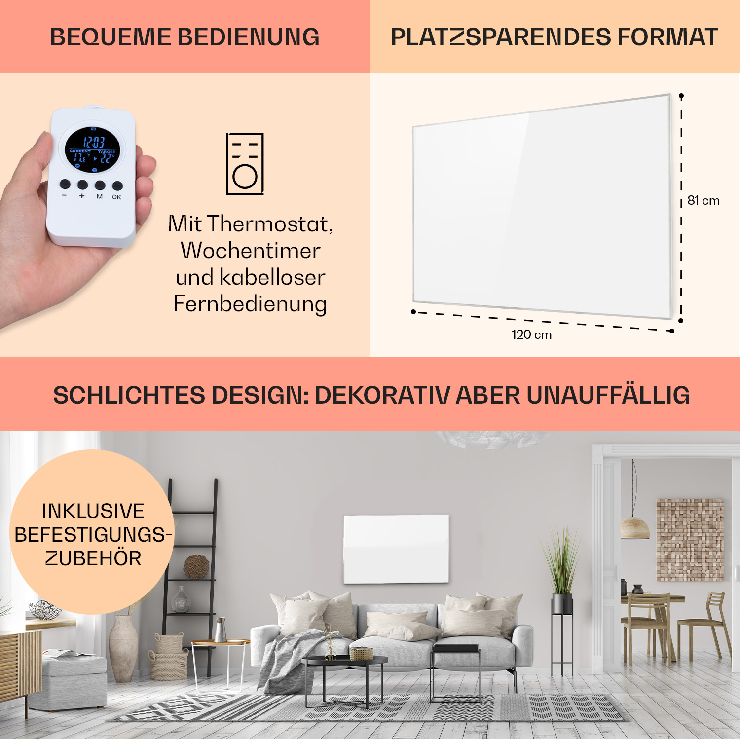 Ein weißer Wandheizer mit Fernbedienung in der Hand. Raum im Hintergrund.