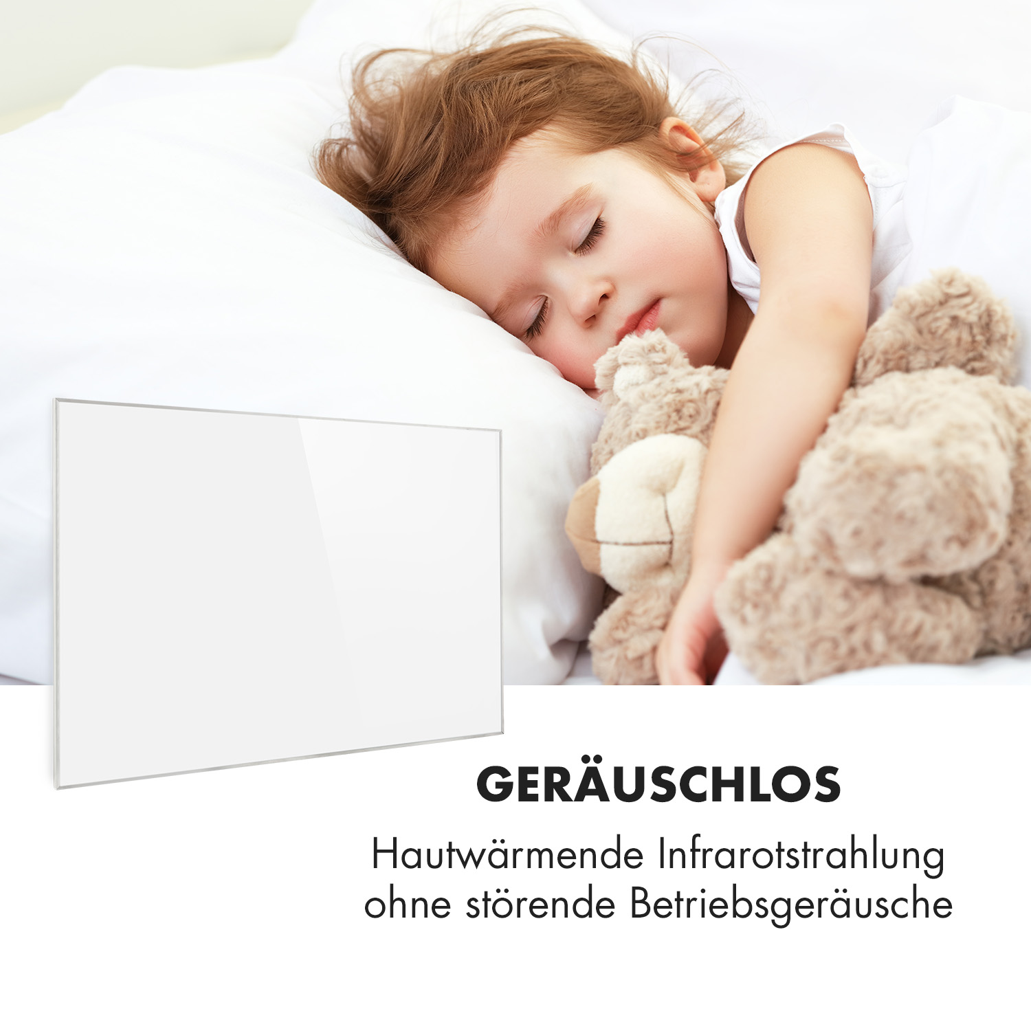 Ein schlafendes Kind mit Teddybär und Text über Infrarotheizung, weißer Hintergrund.