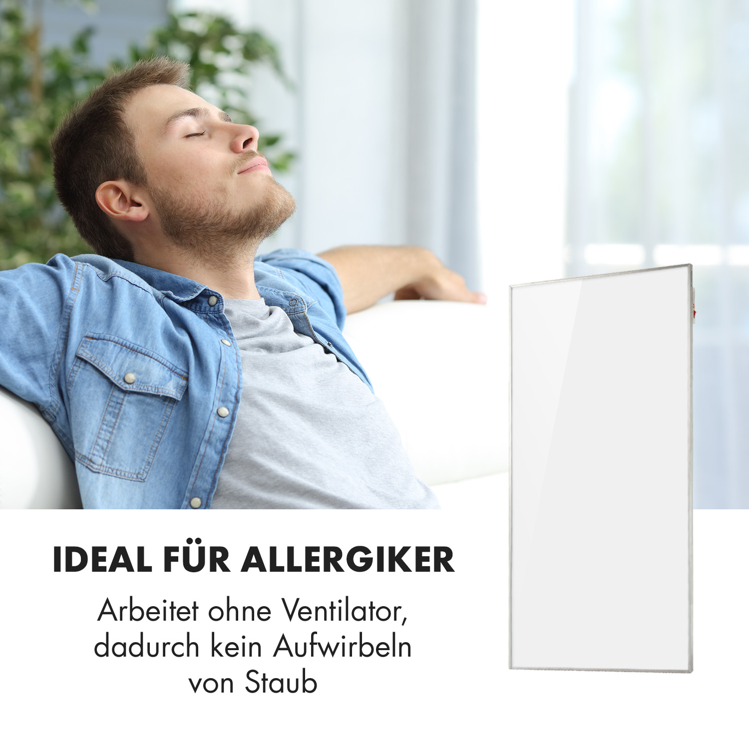 Uomo sul divano, riscaldatore elettrico, testo: Ideale per chi soffre di allergie, niente polvere.