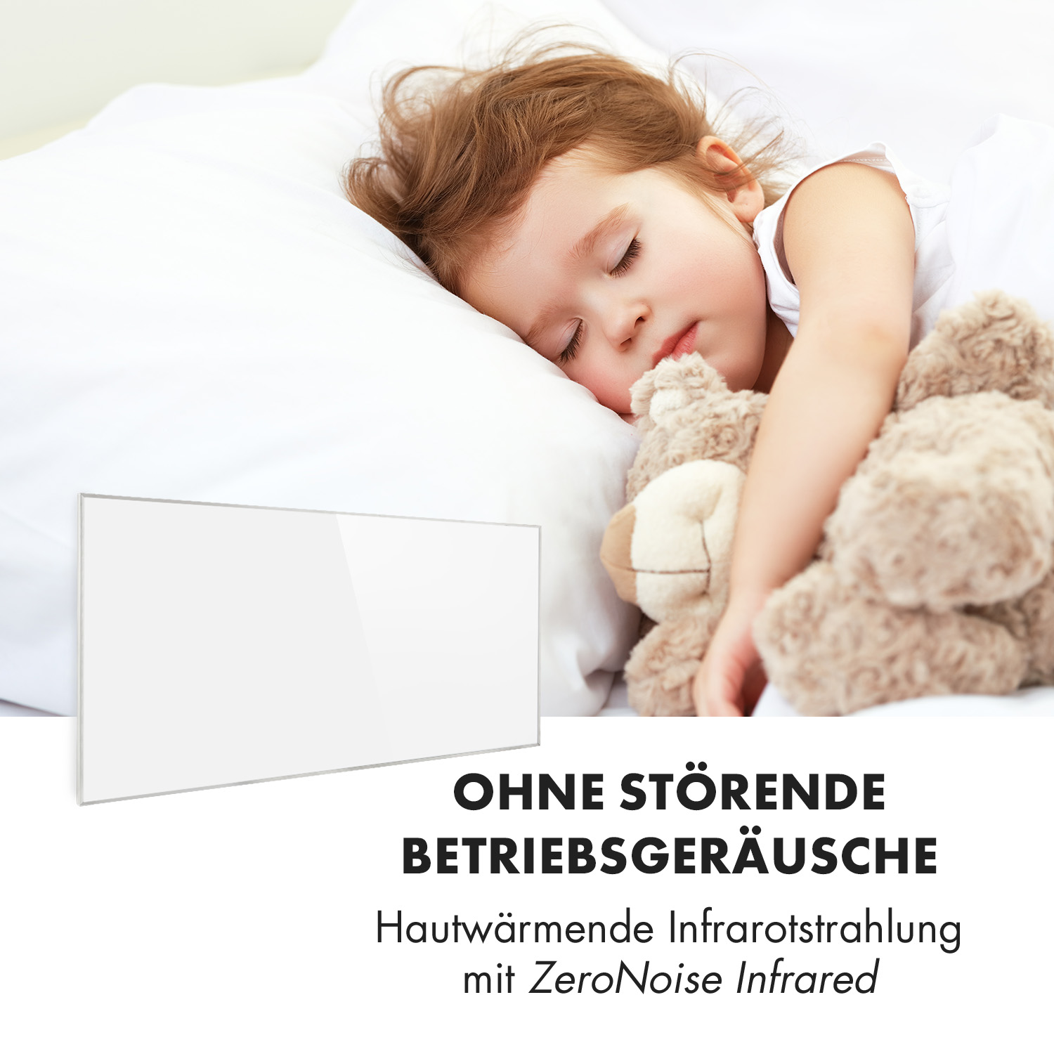 Bambino che dorme con un orsacchiotto, con un pannello riscaldante bianco in primo piano.