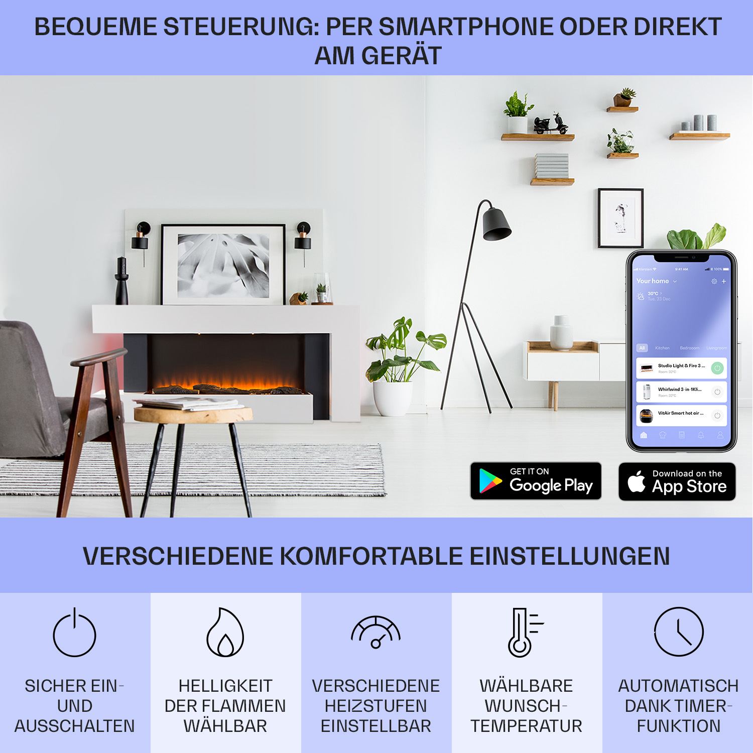 Chimenea inteligente con teléfono que muestra controles de la aplicación. Opciones incluyen encendido/apagado, brillo.