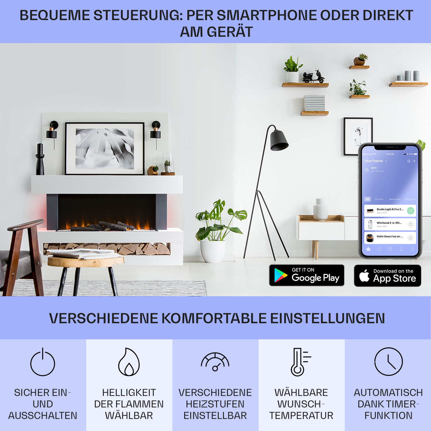 Una sala de estar moderna con chimenea, un teléfono que muestra una aplicación e iconos sobre las funciones de la chimenea.