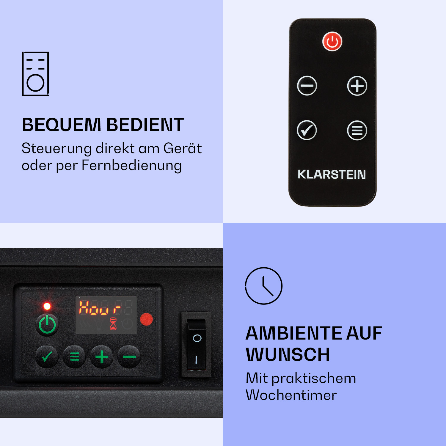 Fernbedienung und Bedienfeld mit Tasten und einem Bildschirm. Text: komfortable Bedienung, Ambiente.