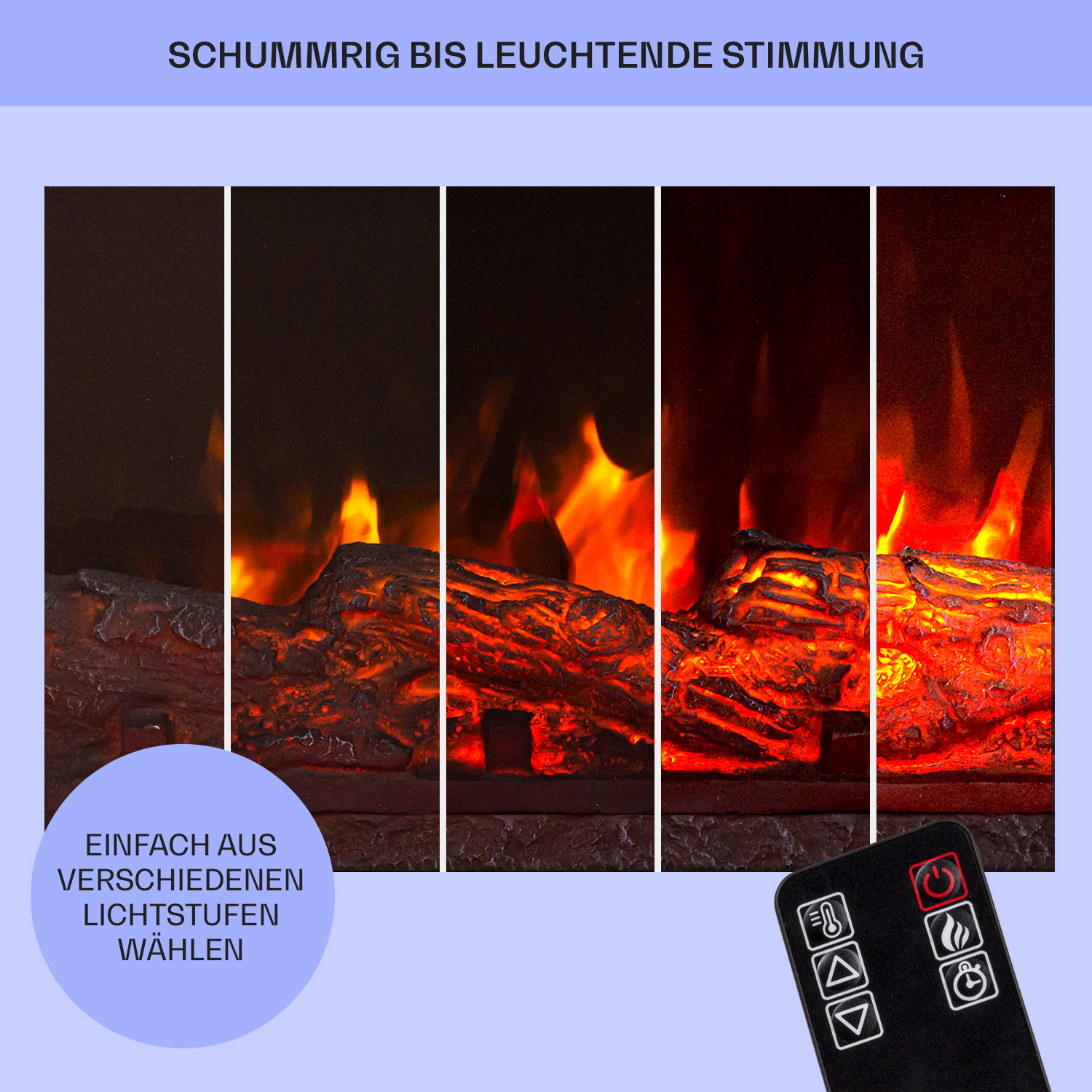Chimenea eléctrica con llamas de diferentes intensidades, con mando a distancia.