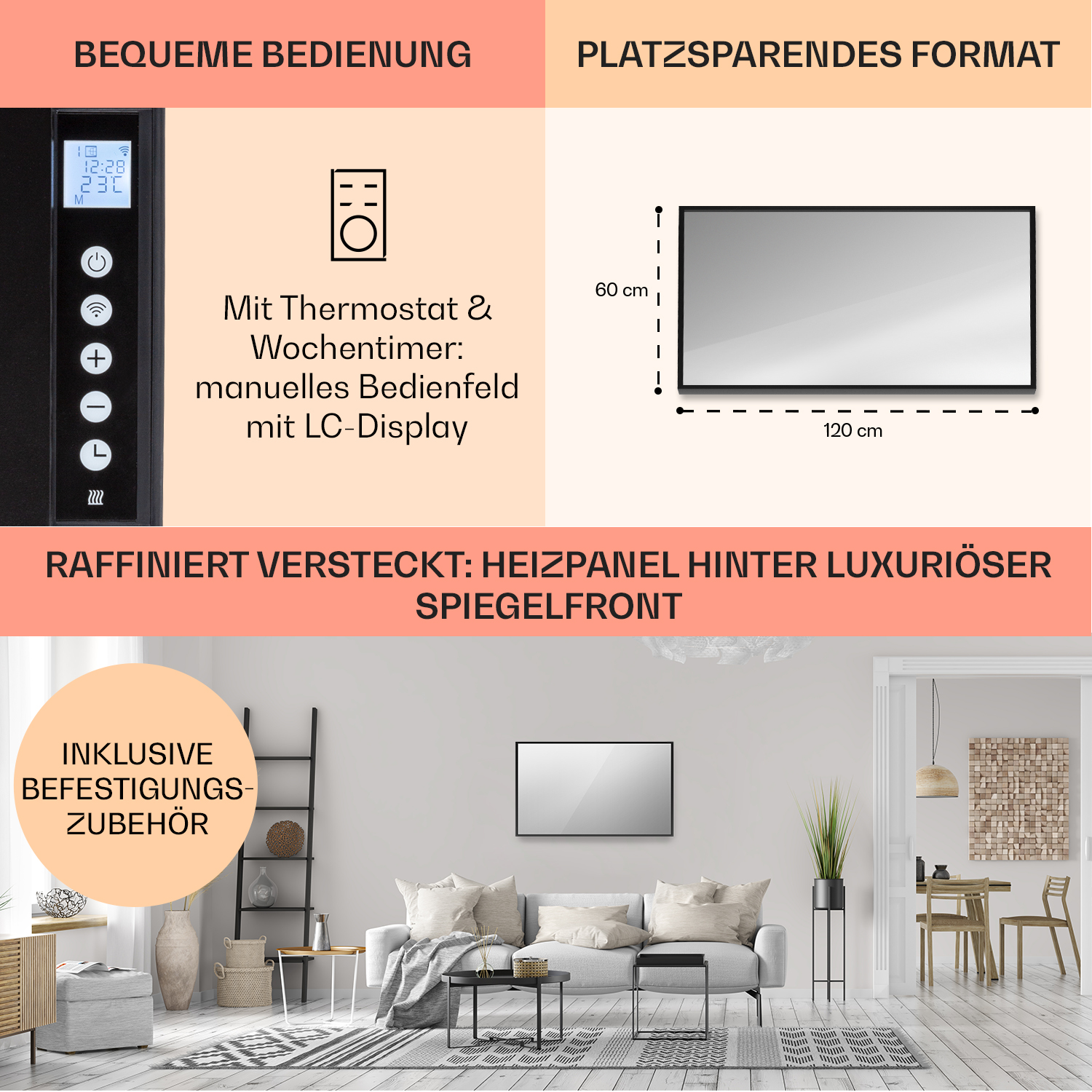 Ein Heizkörper mit Spiegelfront, mit Innenraum und angegebenen Abmessungen.