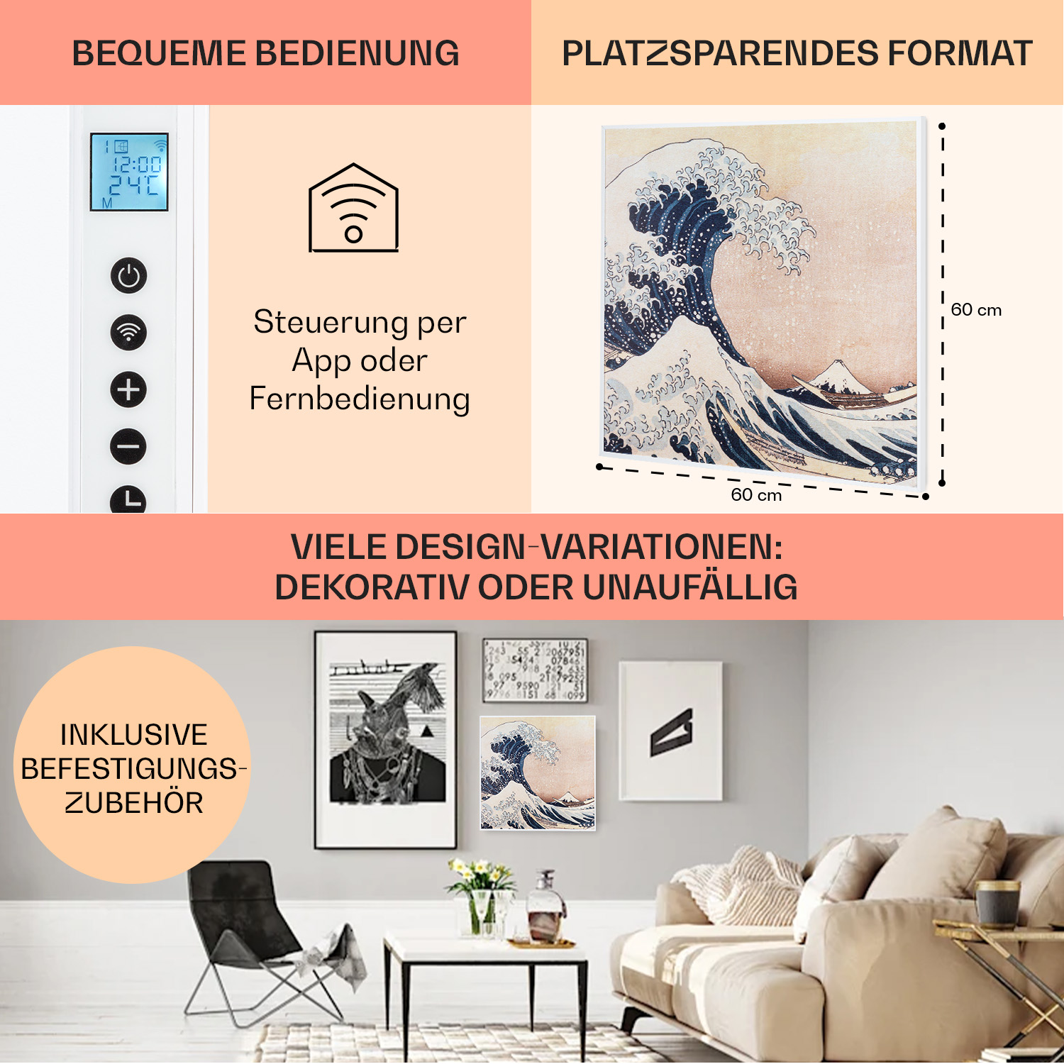 Werbebild mit Text, Wellenmalerei und anderen Kunstwerken. Text beinhaltet 'BEQUEME BEDIENUNG'.