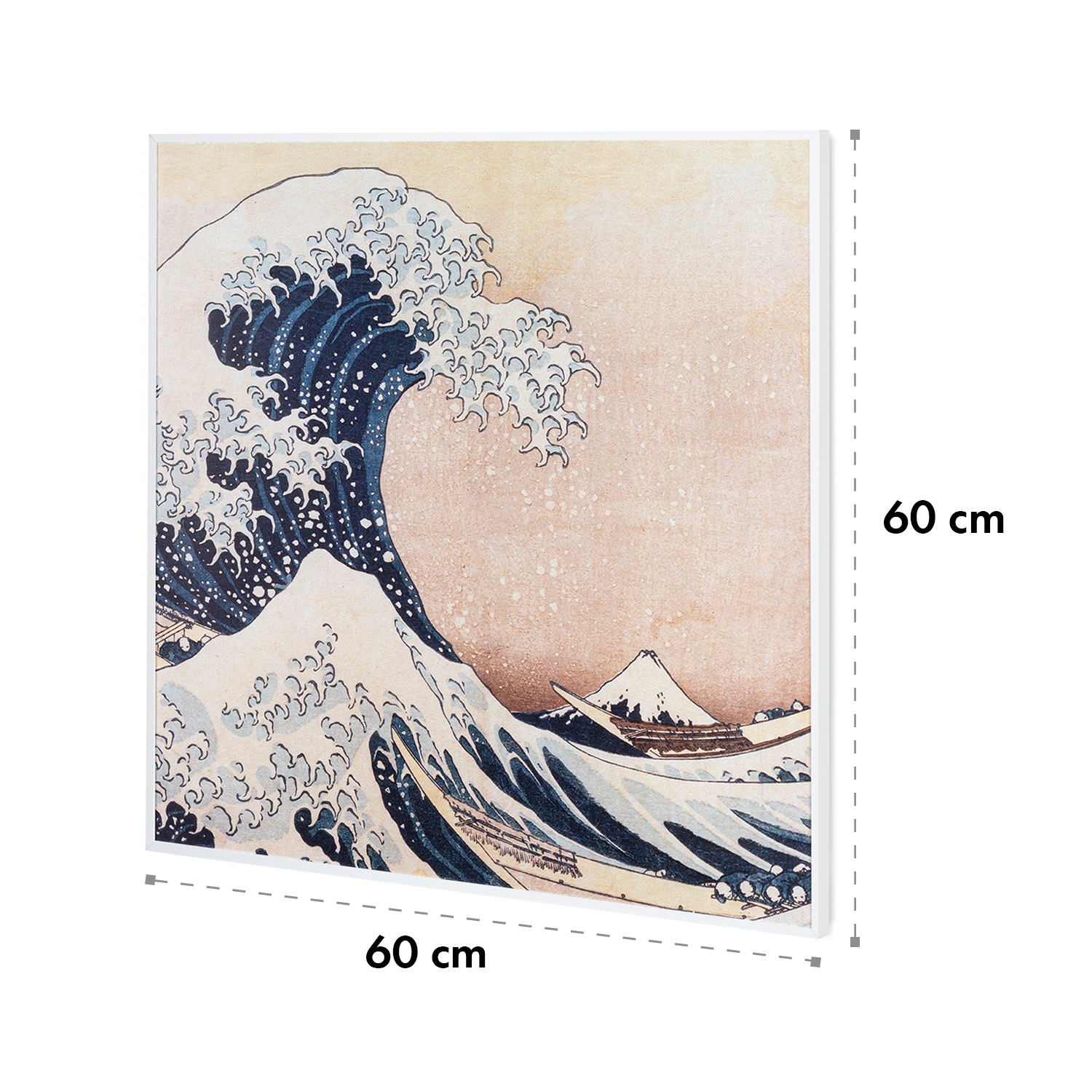 Japanisches Kunstwerk einer großen Welle mit einem Berg im Hintergrund. Das Bild ist in einem weißen Rahmen.