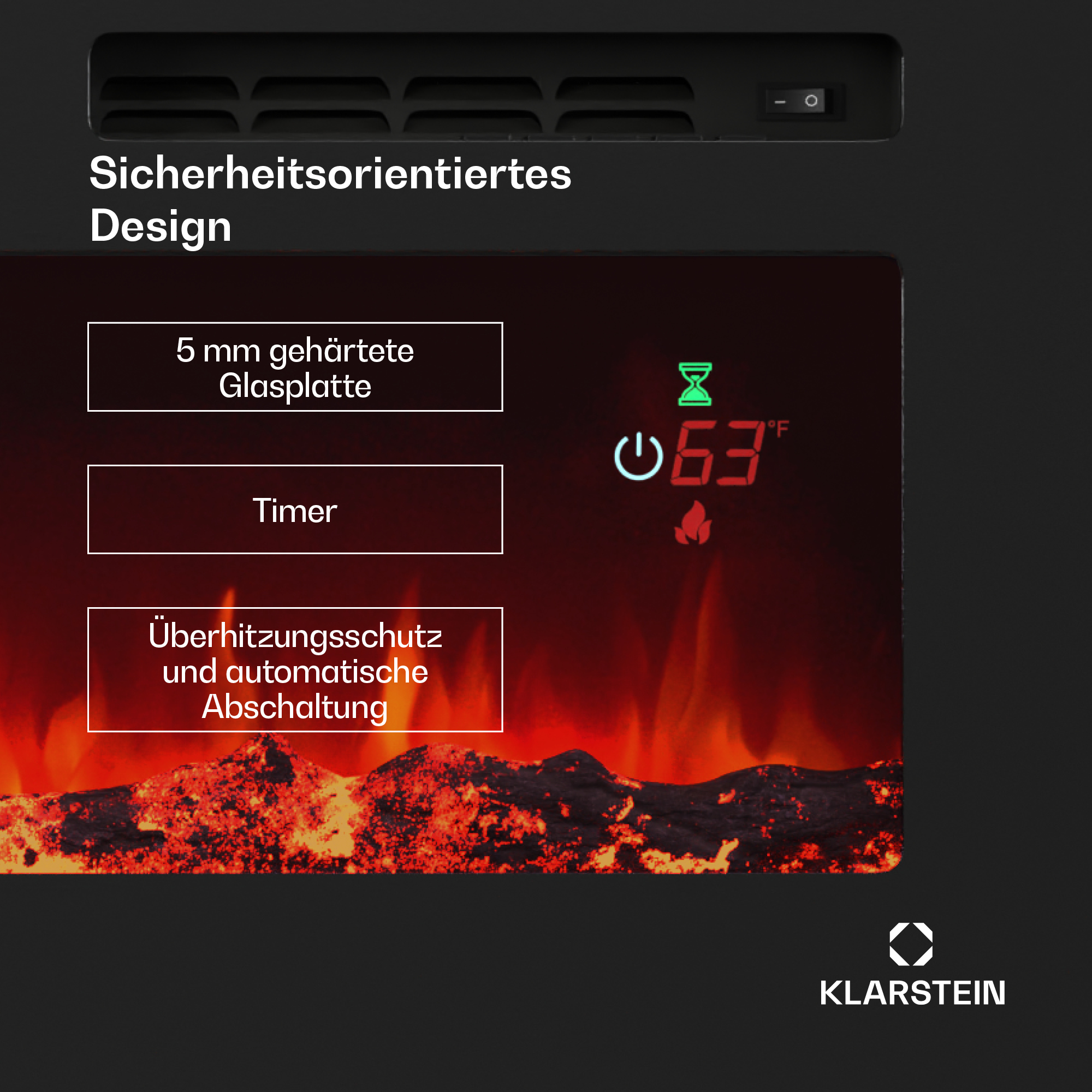 Una vista ravvicinata di un display di caminetto elettrico, che mostra le impostazioni del timer e della temperatura.
