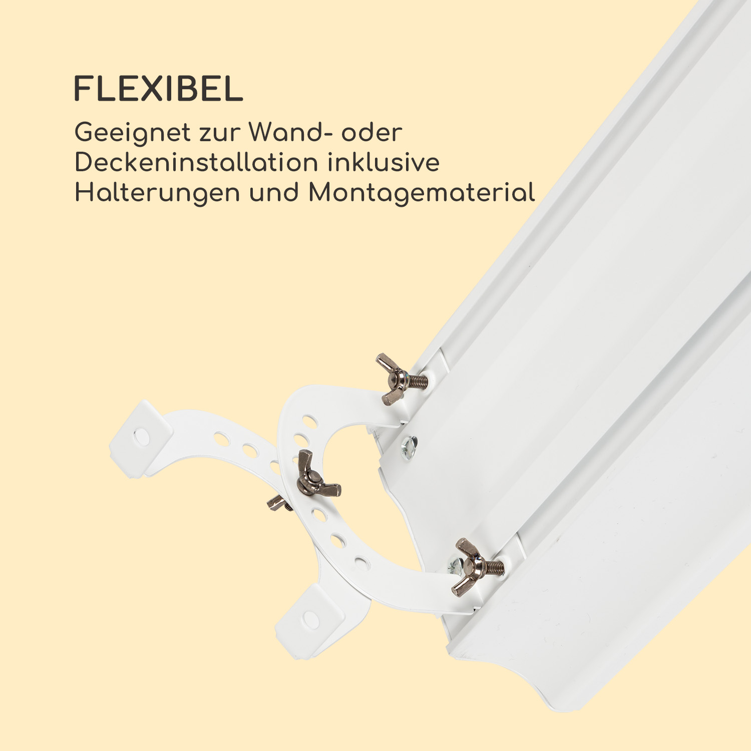 Staffe di montaggio per un apparecchio a soffitto. Sfondo bianco con testo sulla flessibilità.