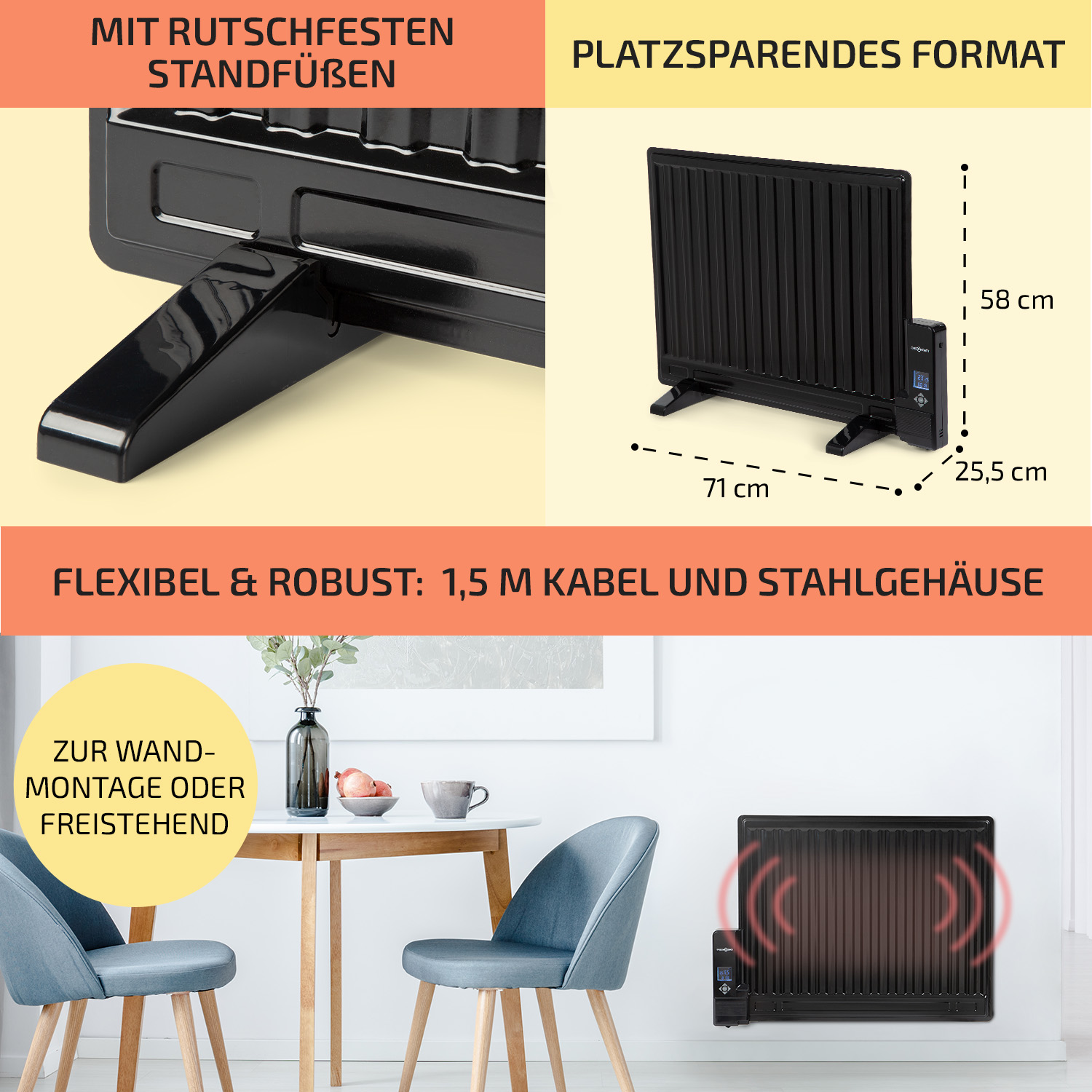 Schwarze elektrische Heizung mit Abmessungen und ein weißer Tisch mit Vase.