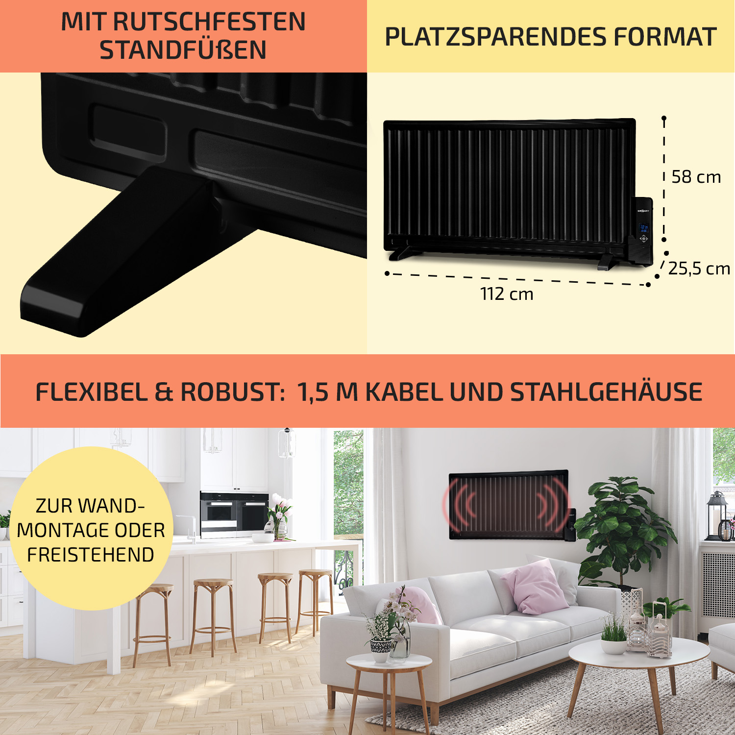 Schwarzer Elektroheizer mit Abmessungen, mit Details des Ständers und Innenszene gezeigt.
