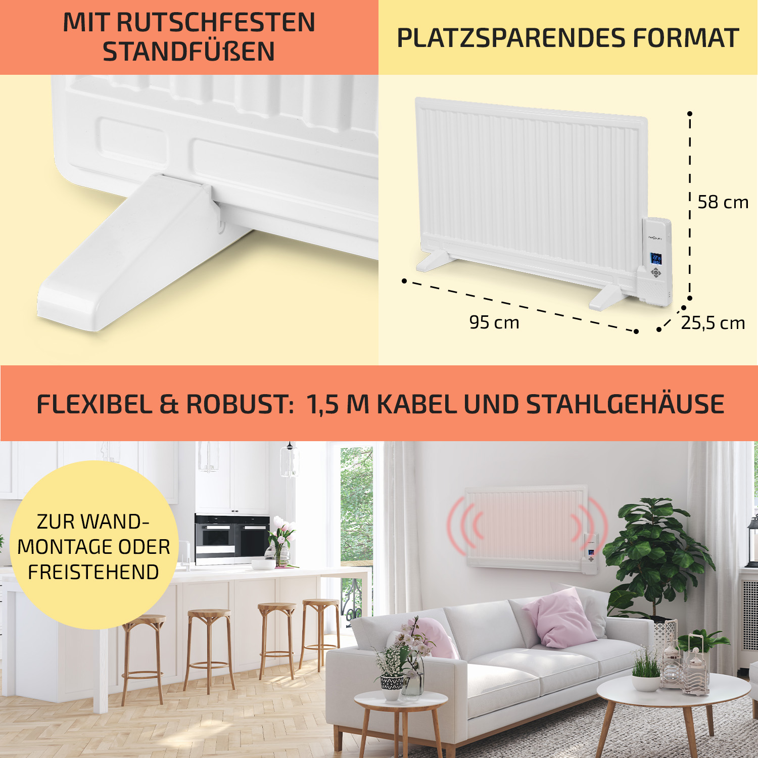 Weißer Elektroheizer mit rutschfesten Füßen und digitalem Bedienfeld, in einer Raumsituation gezeigt.