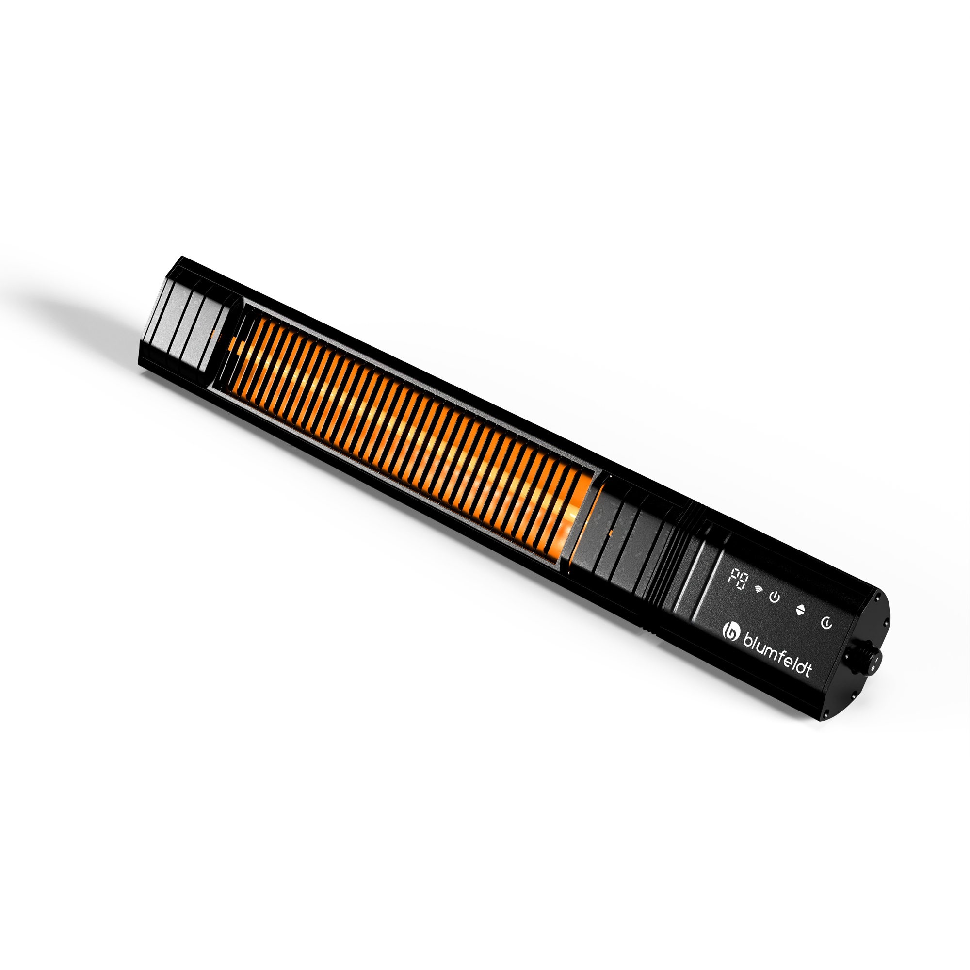 Ein schwarzer, langer, rechteckiger Außenheizer mit orangefarbenen Heizelementen.