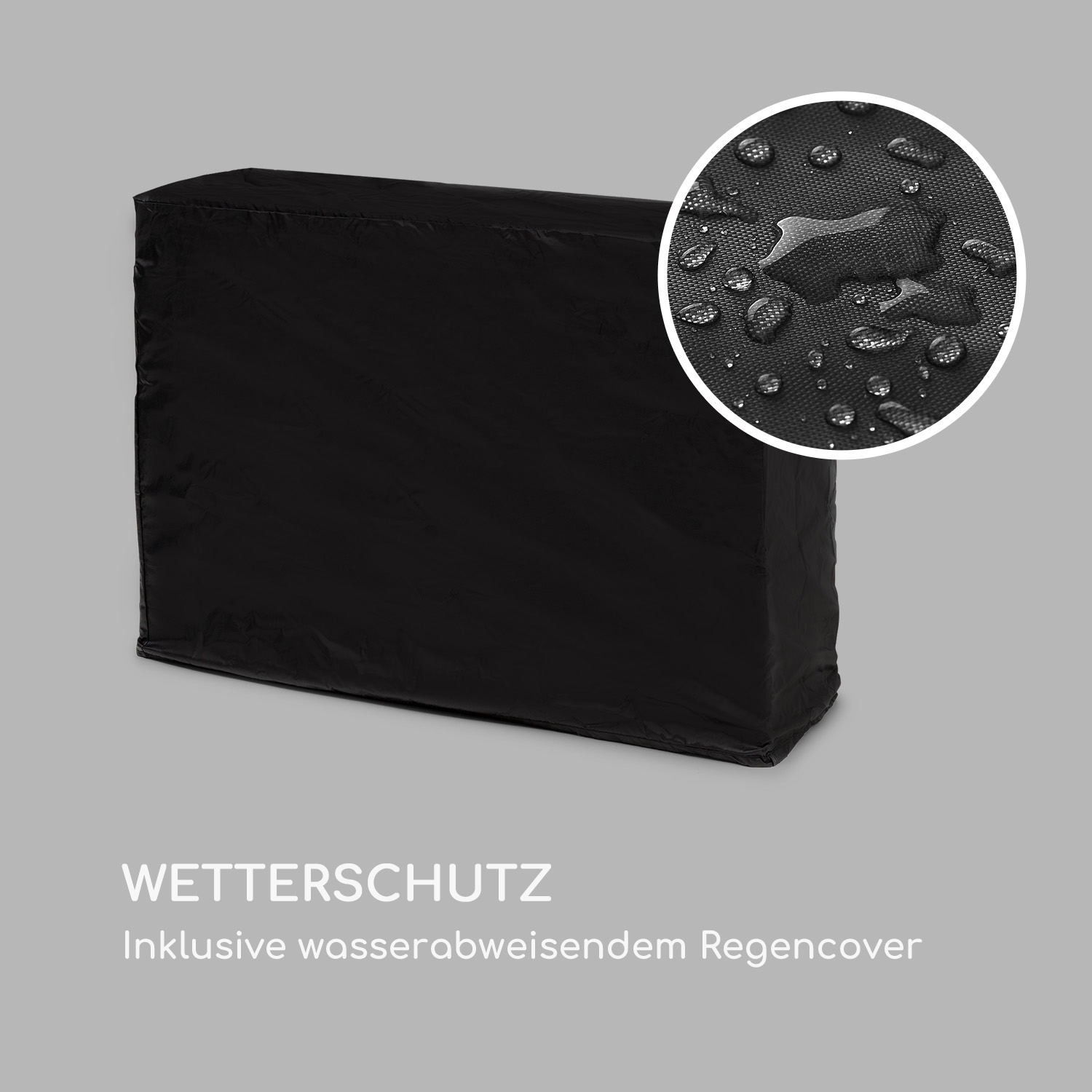 Schwarze Abdeckung über einem rechteckigen Objekt mit Nahaufnahme von Wassertropfen.