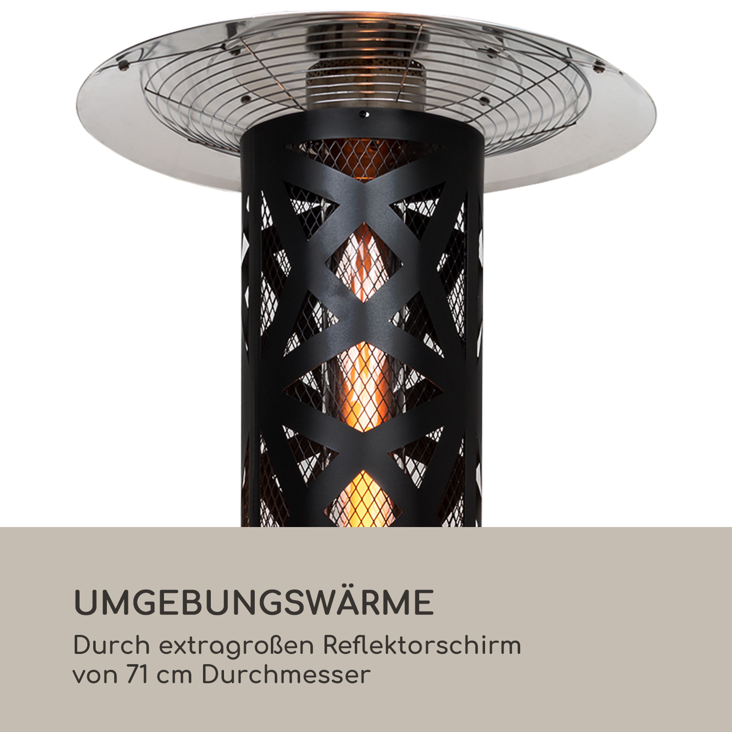 Schwarzer Außenheizer mit dekorativem Metallkäfig und großem Reflektor, vor weißem Hintergrund.
