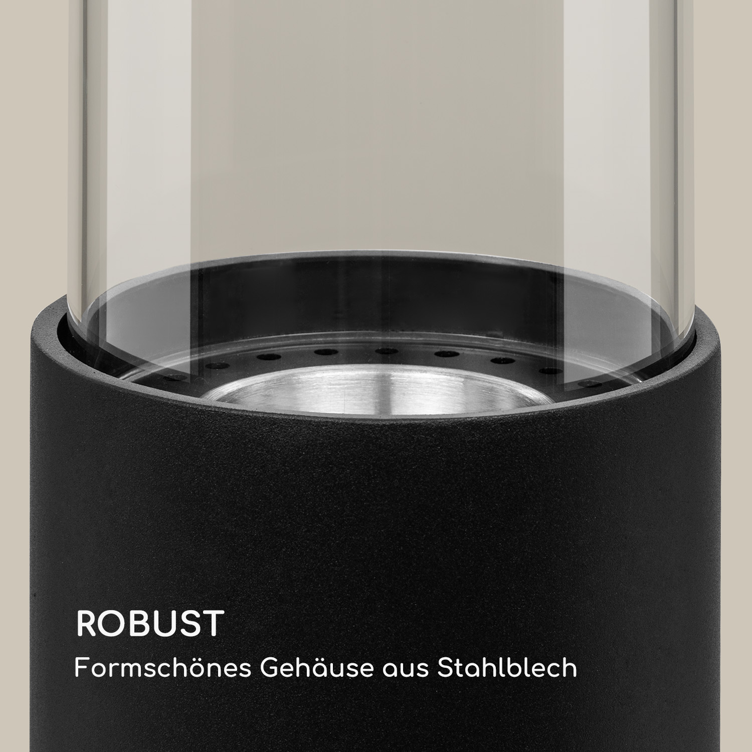 Base nera con un tubo di vetro. Testo: Robusto e Formschönes Gehäuse aus Stahlblech.