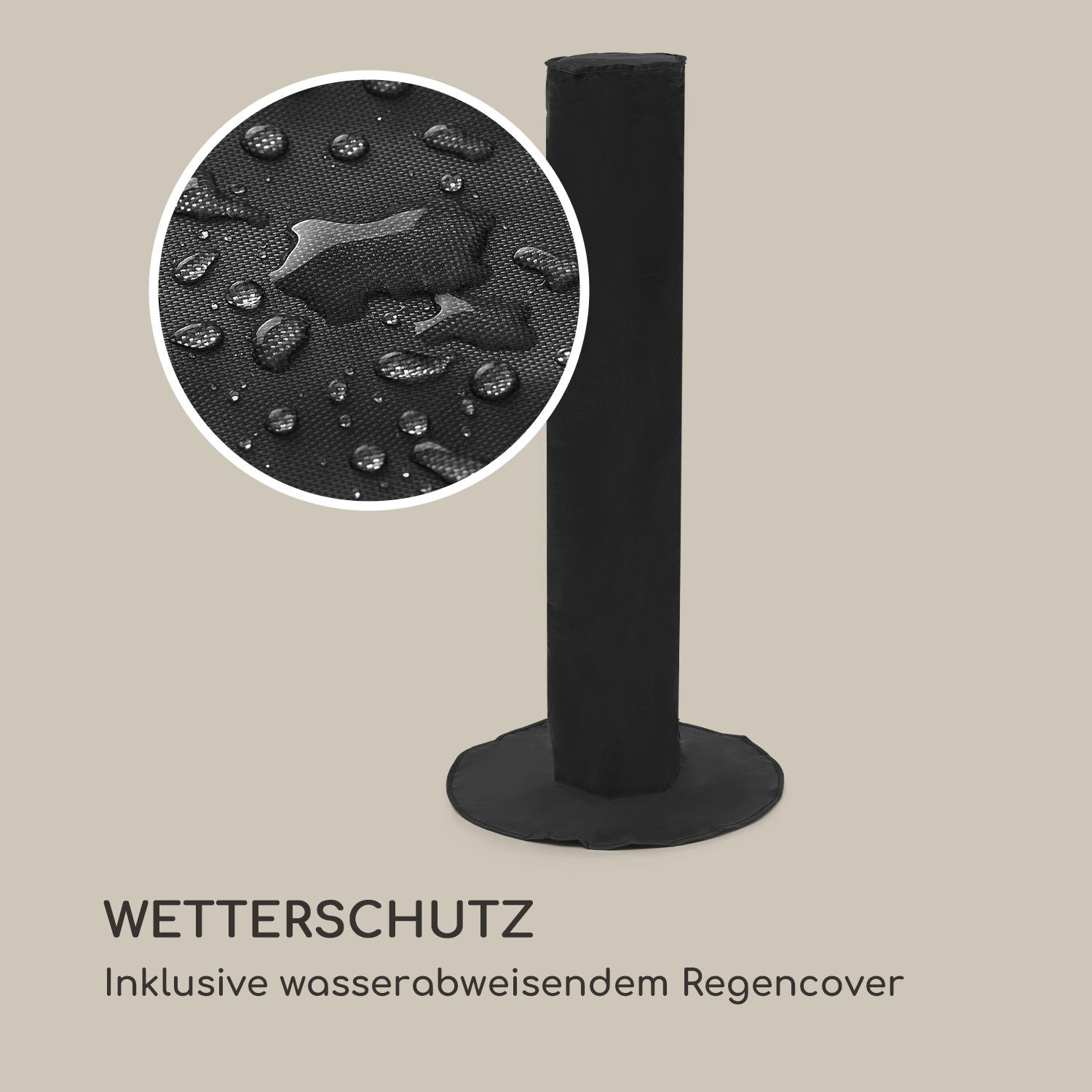 Copertura base ombrellone nera con goccioline d'acqua. Base rotonda, tessuto resistente all'acqua.
