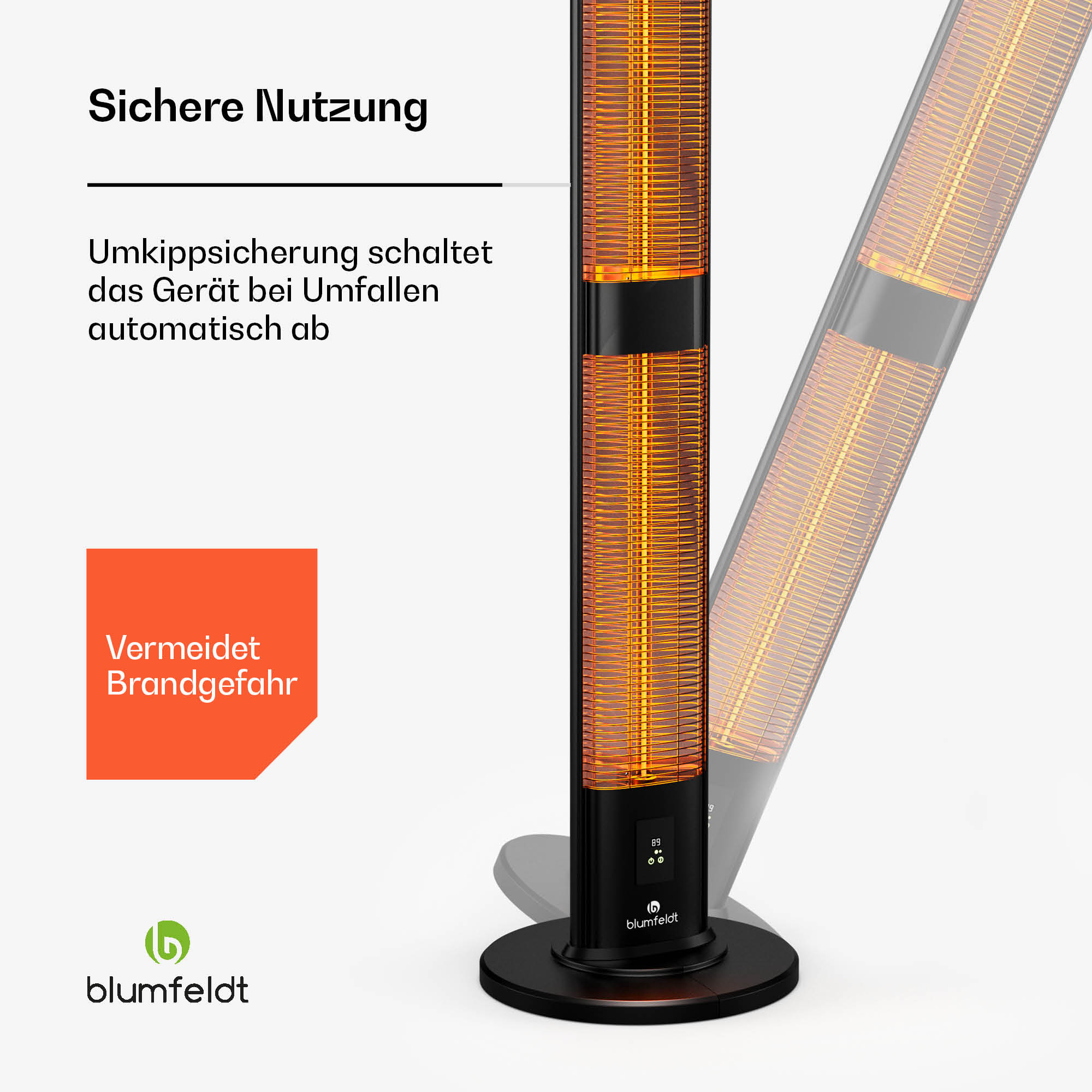 Hoher Heizstrahler mit orangefarbenen Streben. Merkmale: schwarzer Sockel und Bedienelemente.