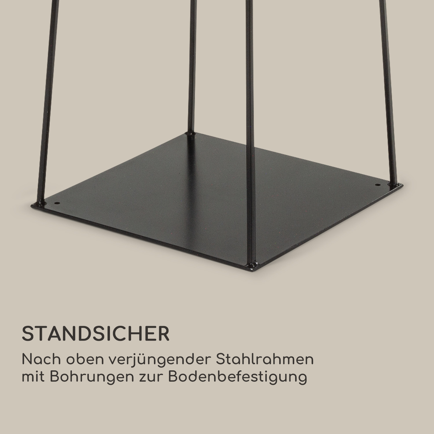 Schwarze quadratische Basis mit vier dünnen Beinen, mit Text über Stabilität und Löcher.