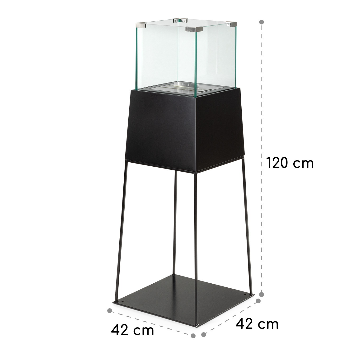 Glasvitrine auf schwarzem Ständer. Maße: 120cm hoch, 42cm breit. Quadratische Basis.