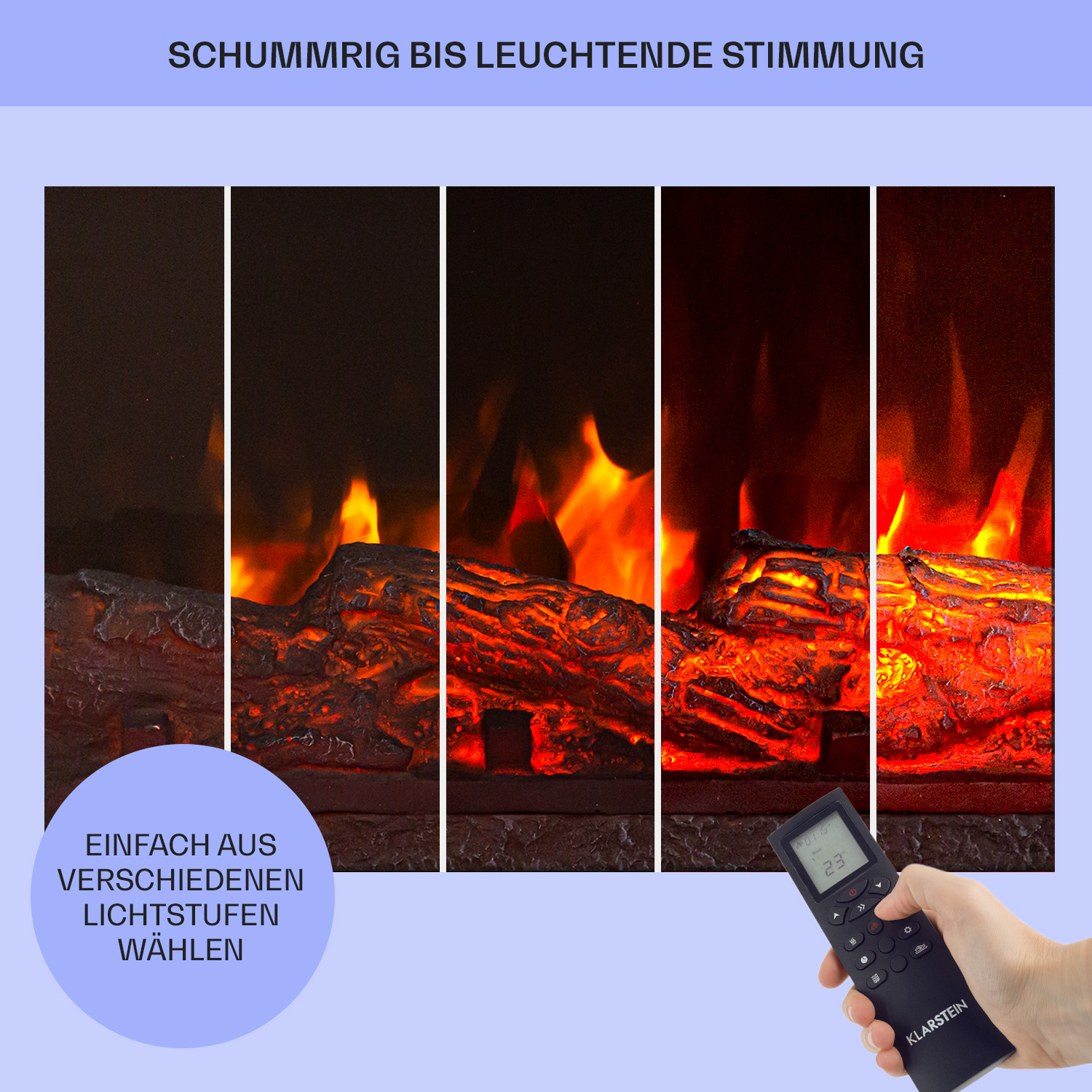 Eine Reihe von Fotos, die Kamintlichteinstellungen anzeigen.