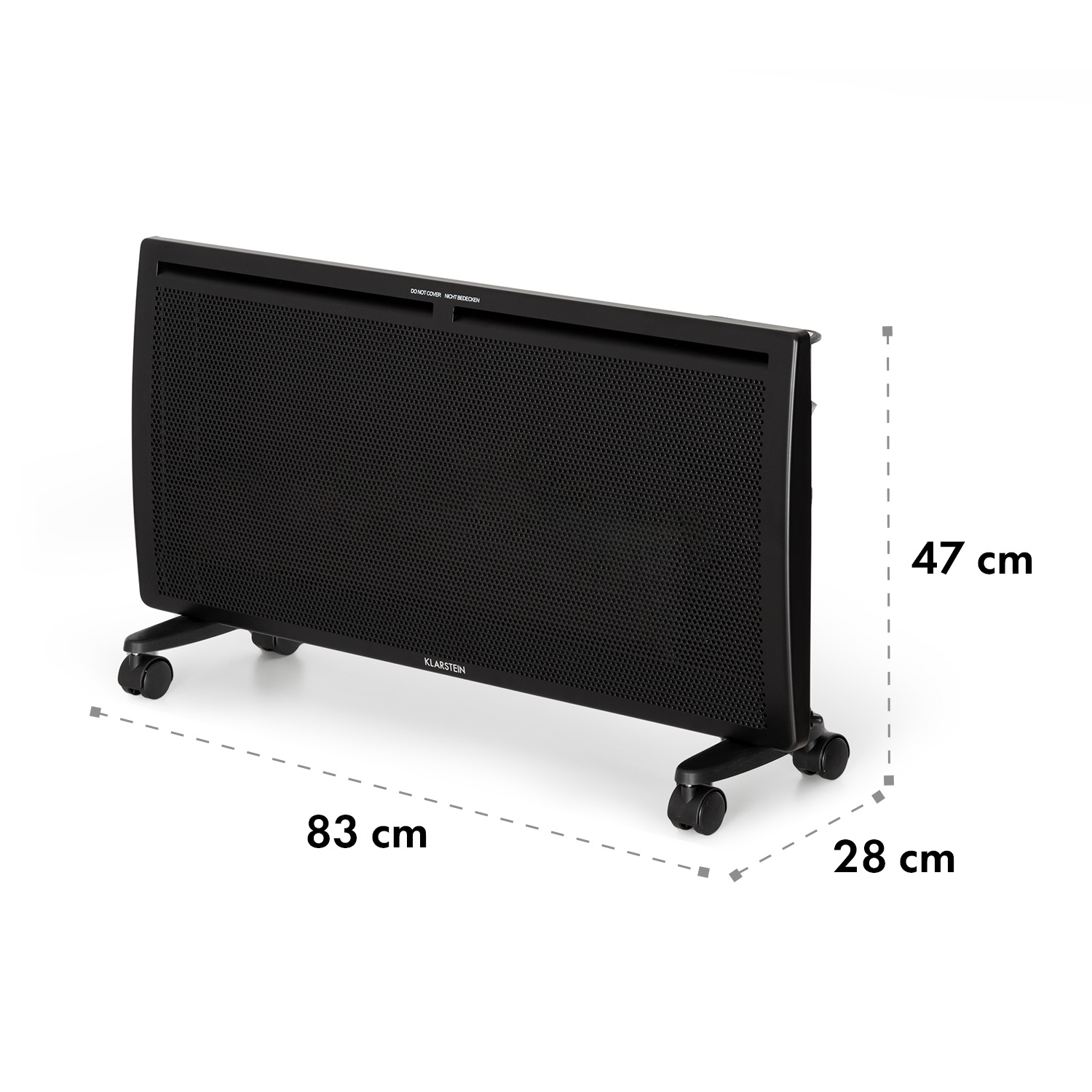 Un calefactor eléctrico negro sobre ruedas. Dimensiones en centímetros: 83 cm x 47 cm x 28 cm.