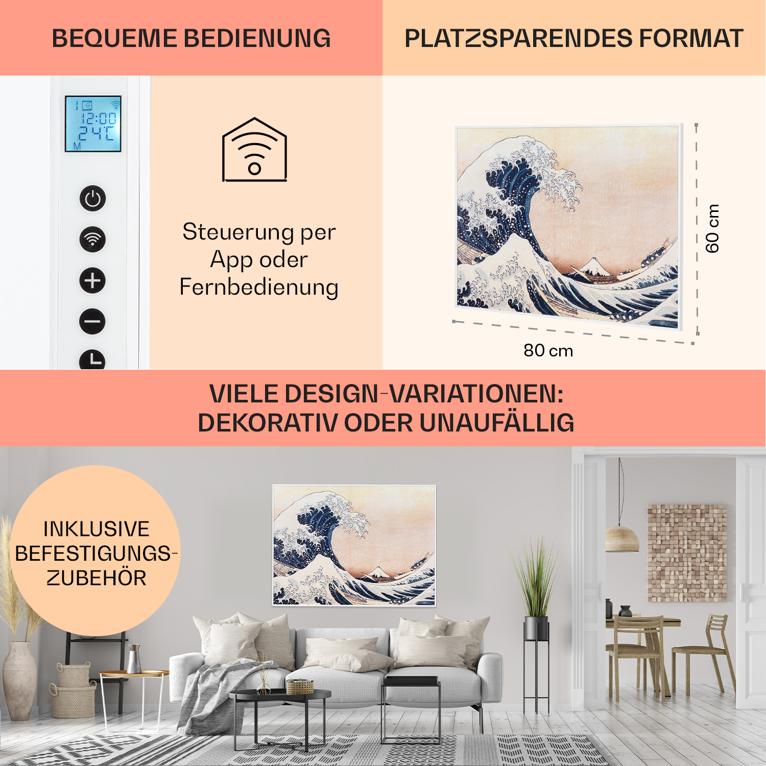 Wandheizung mit Gemäldeanzeige. Wellenkunst. Bedienelemente. Weißer Hintergrund. Inneneinstellung.