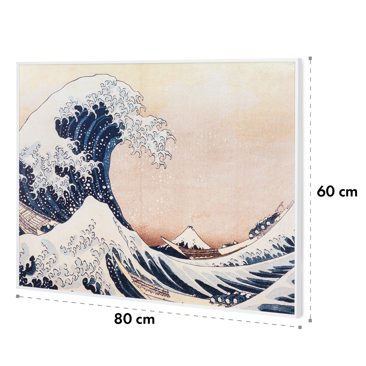 Kunstwerk einer großen Welle mit Berg, Maße angegeben.