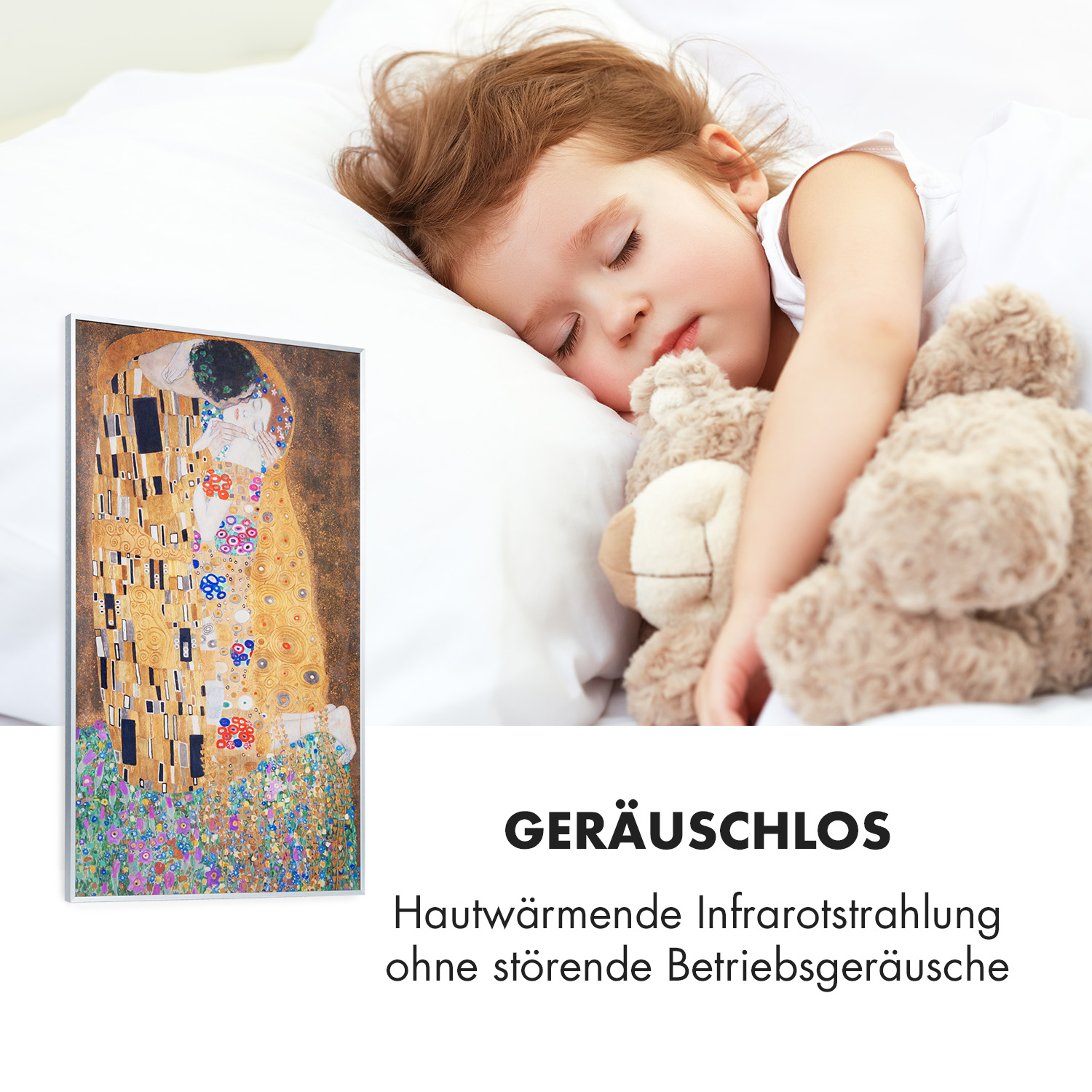 Un niño durmiendo con un oso de peluche, frente a una pintura, 'El Beso' de Klimt.