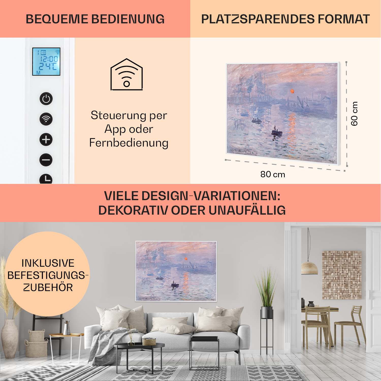 Innenansicht eines Zimmers mit Gemälde, Sofa und Kamin.