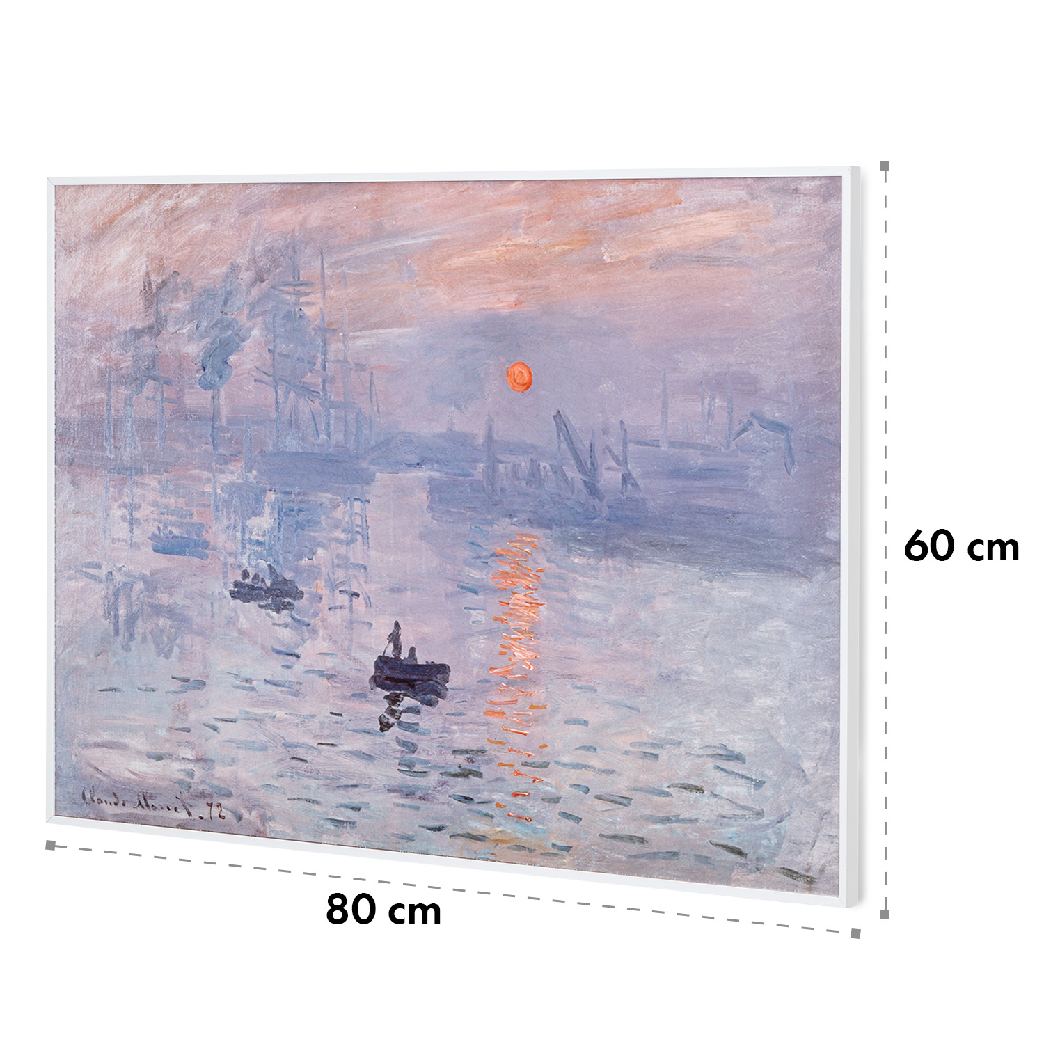 Impressionistisches Gemälde eines Hafens bei Sonnenaufgang, mit Booten und roter Sonne.