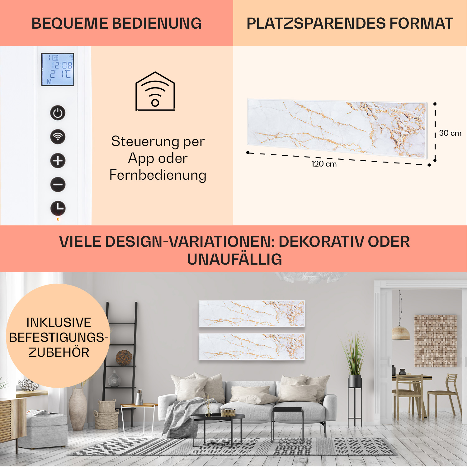 Zwei rechteckige, weiße Wandpaneele mit goldenem Marmordesign. Text oben.