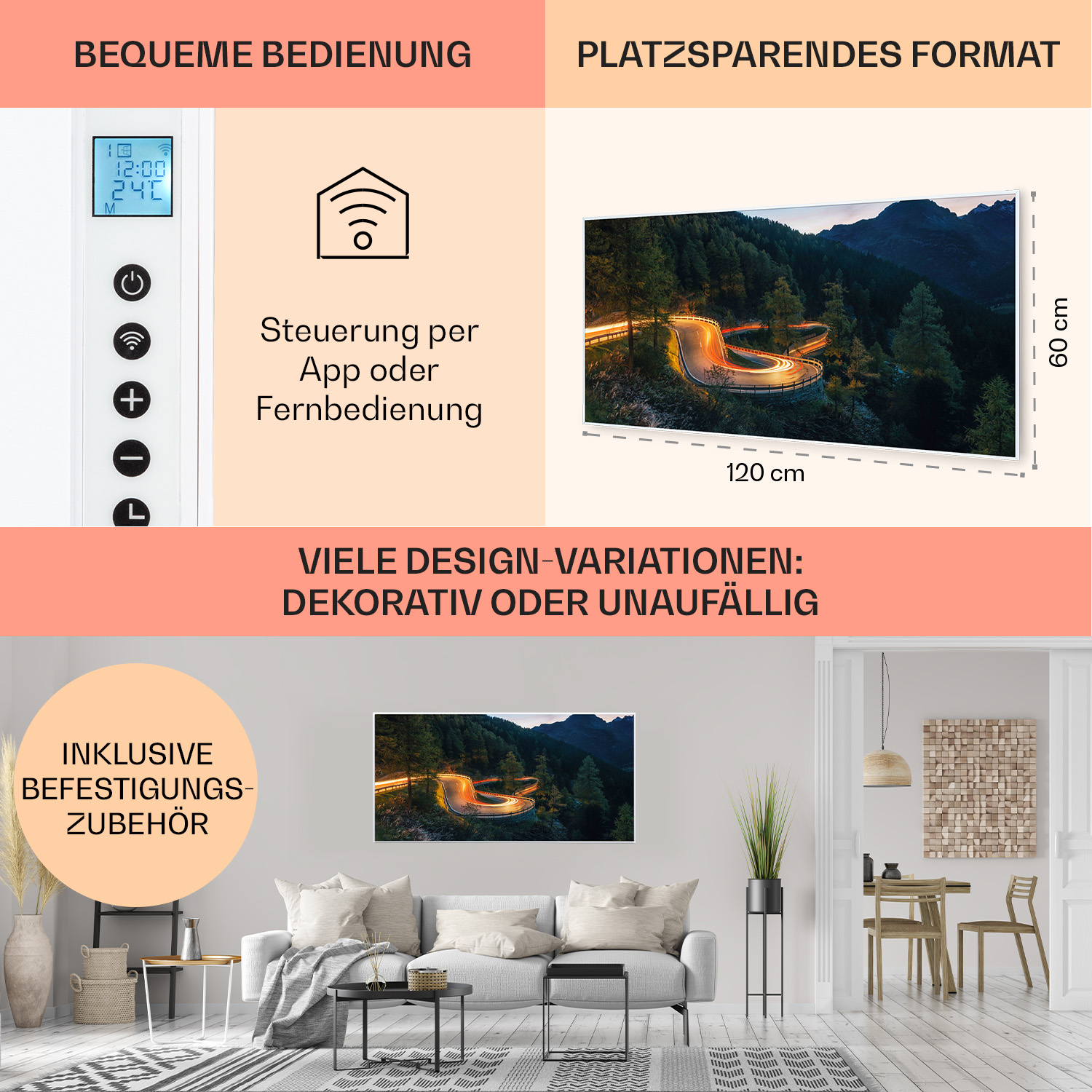 Weißes Heizpaneel mit Nachtansicht, mit Text zur App-Steuerung und Wohnzimmer-Szene.