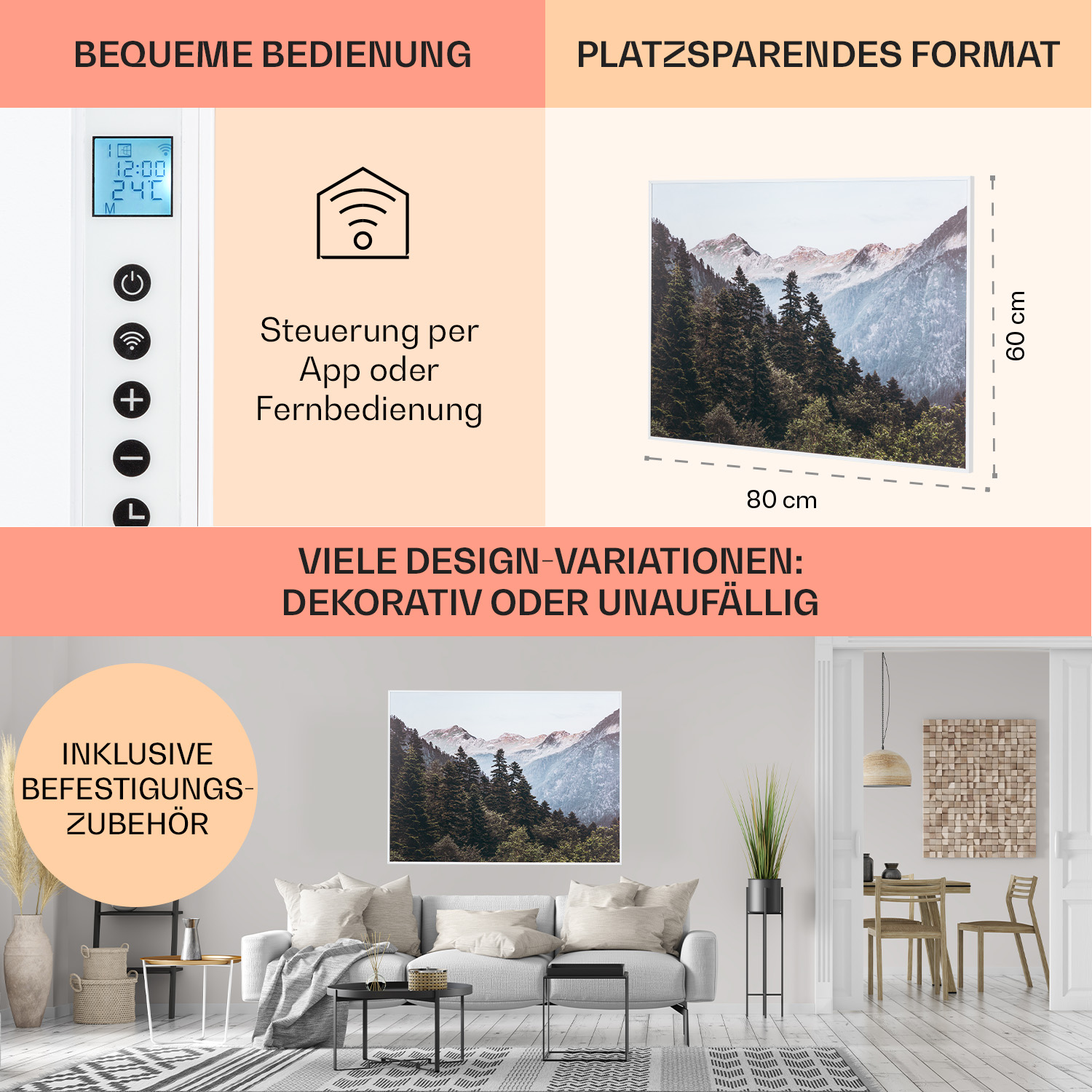 Weißer Heizkörper mit Bergblick, Text und App-Steuerung.