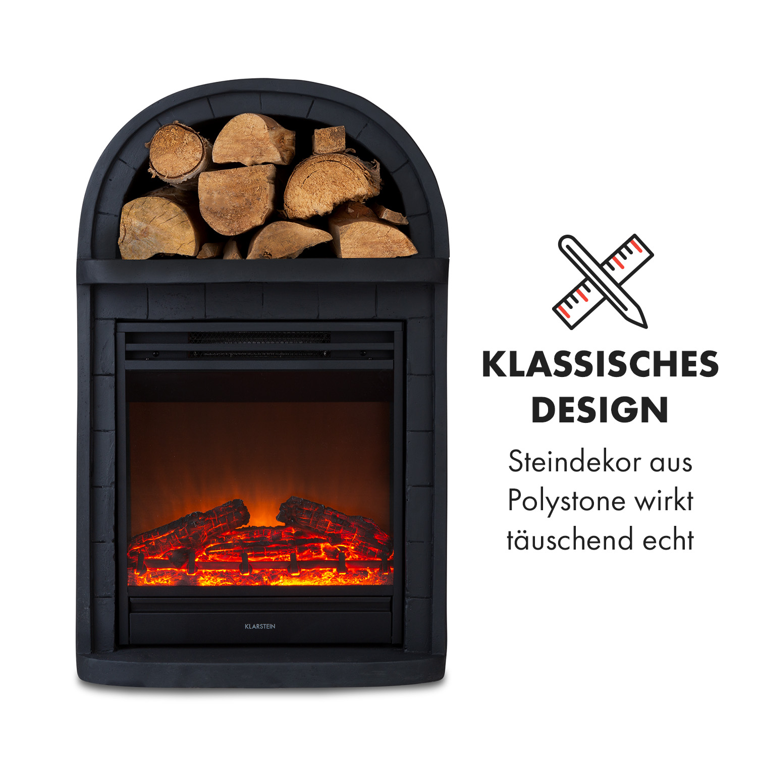 Schwarzer Kamin mit künstlichem Feuer. Holz liegt über der Feuerbox. Text: Klassisches Design.
