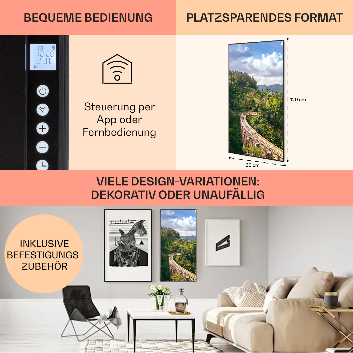 Immagine con testo che dettaglia le caratteristiche del prodotto, comprese le opzioni di controllo e design.