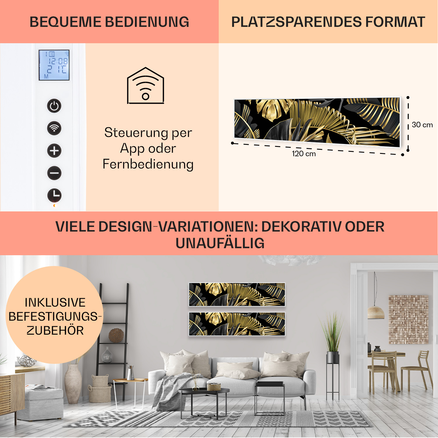 Wohndekor-Optionen: Wandkunst mit schwarzen und goldenen Blättern, mit Bedienfeld und App-Steuerungsfunktionen.