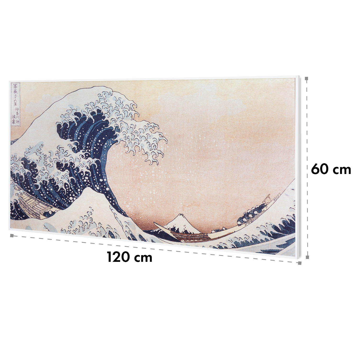 Dipinto di onda giapponese con dimensioni 120x60cm su sfondo bianco.